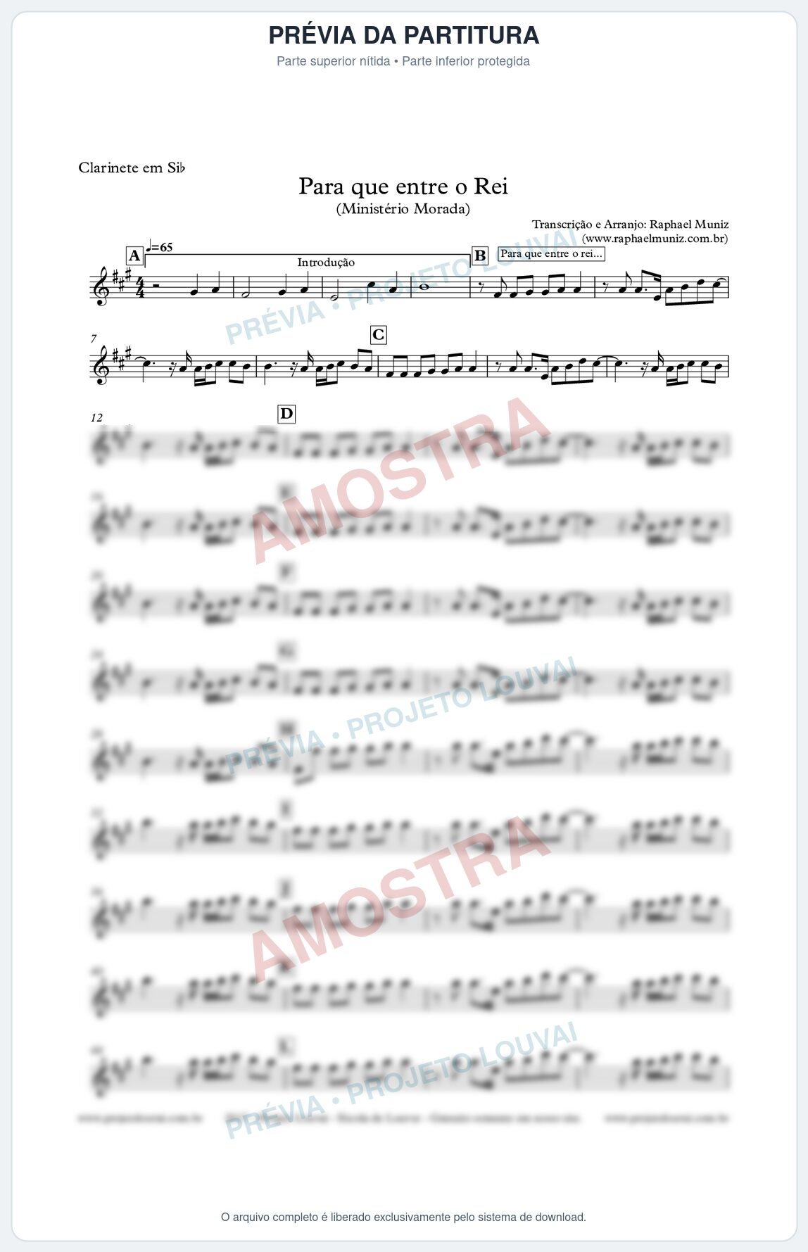 Prévia protegida da primeira página da partitura Partitura para Clarinete - Para que entre o Rei - Ministério Morada