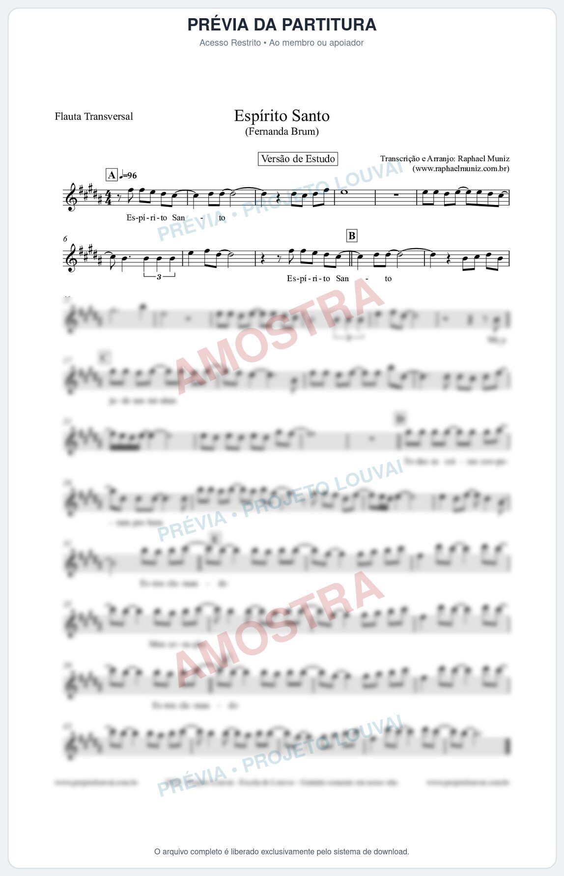 Prévia protegida da primeira página da partitura Partitura para Flauta Transversal - Espírito Santo (Versão de Estudo) - Fernanda Brum
