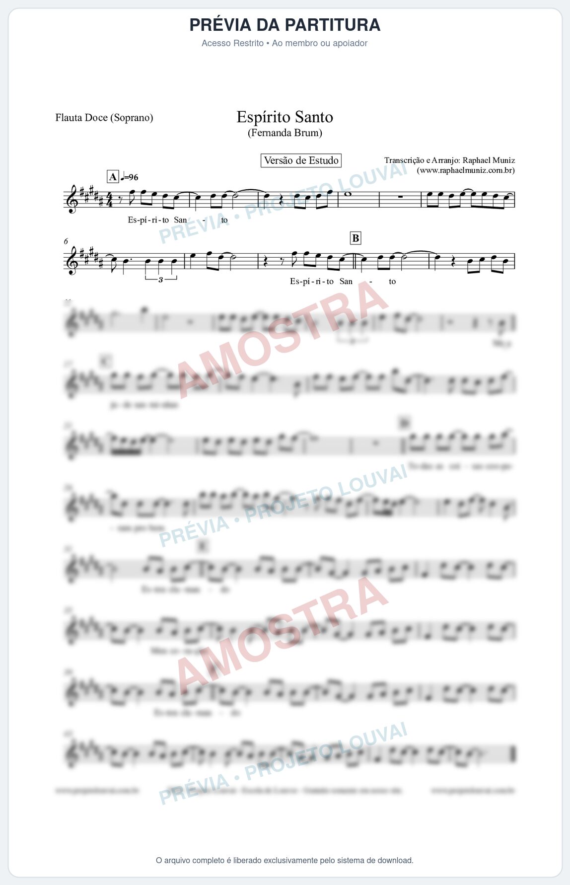 Prévia protegida da primeira página da partitura Partitura para Flauta Doce (Soprano) - Espírito Santo (Versão de Estudo) - Fernanda Brum