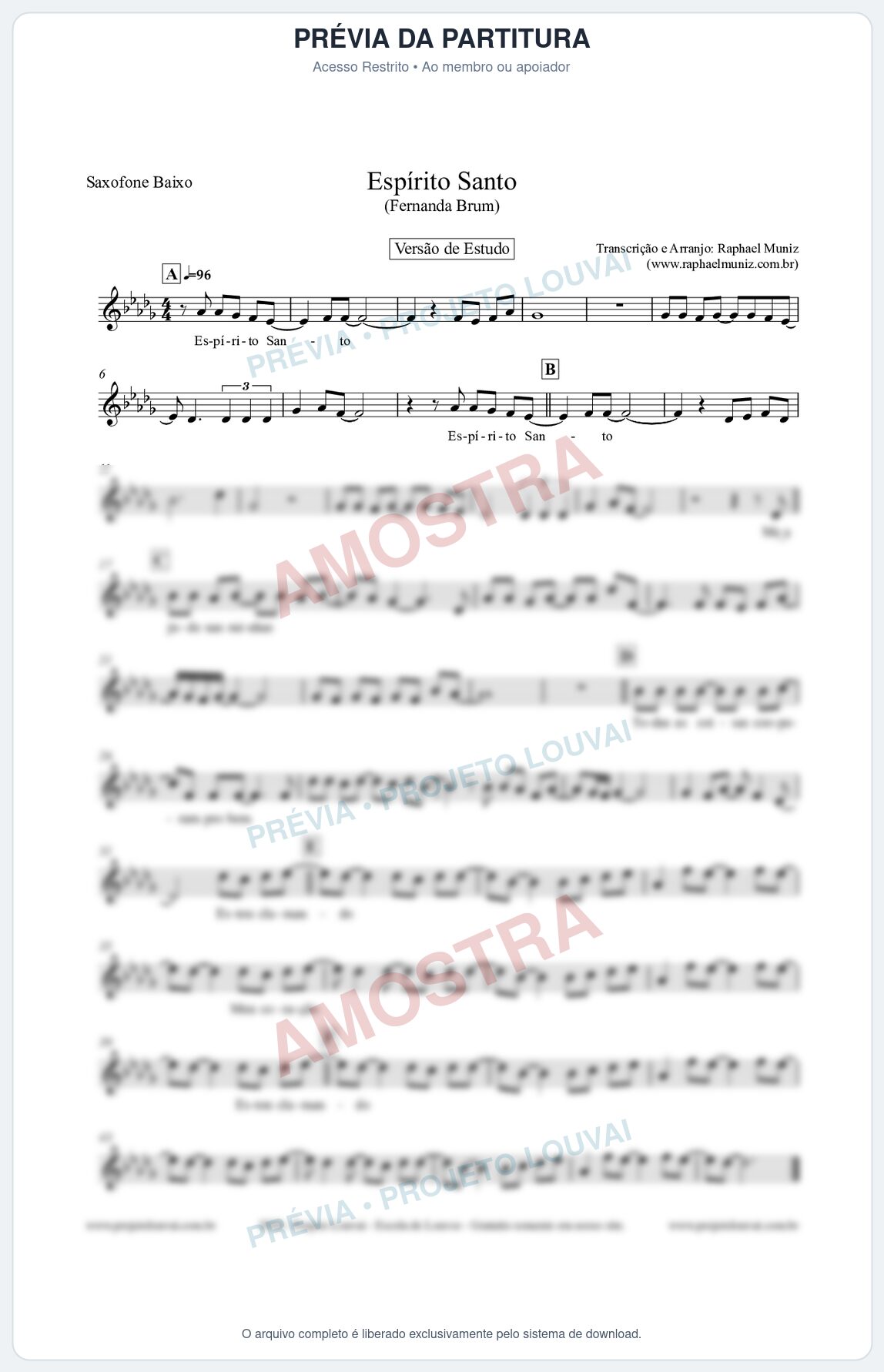 Prévia protegida da primeira página da partitura Partitura para Saxofone Baixo - Espírito Santo (Versão de Estudo) - Fernanda Brum
