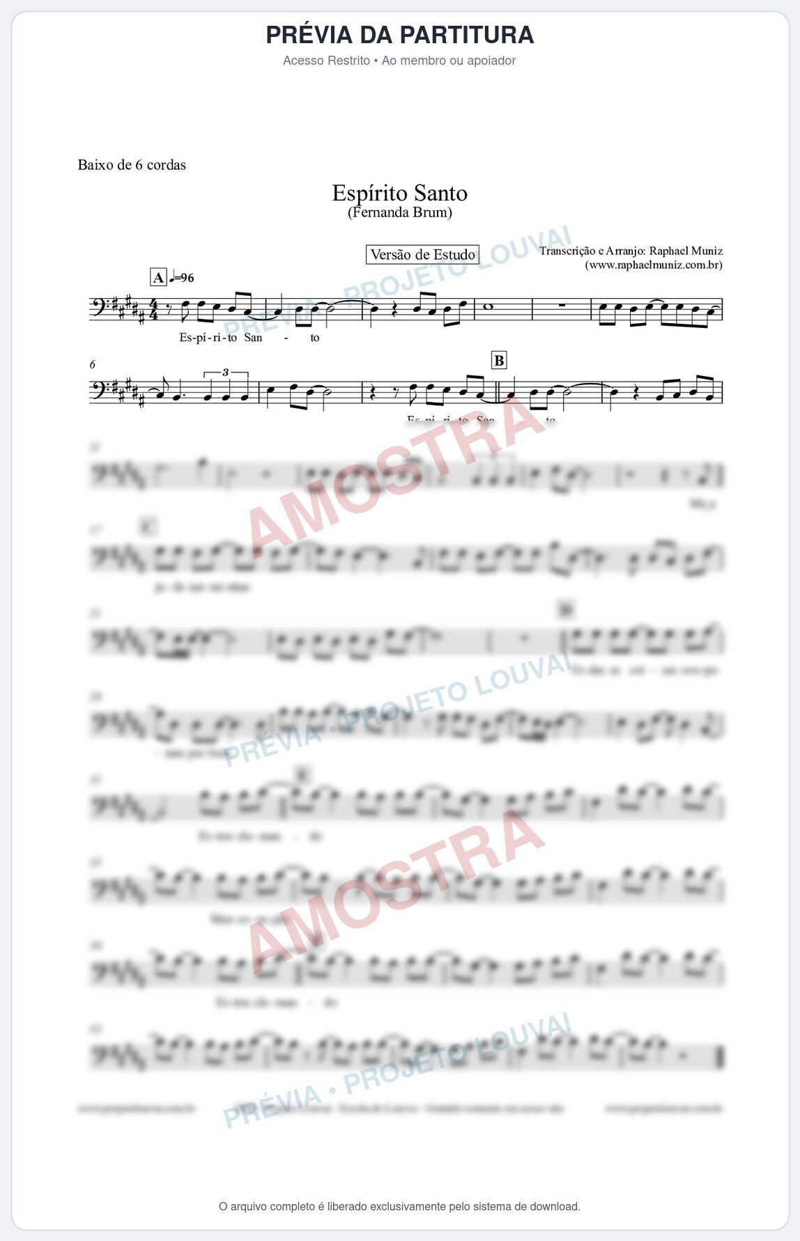 Prévia protegida da primeira página da partitura Partitura para Baixo de 6 cordas - Espírito Santo (Versão de Estudo) - Fernanda Brum