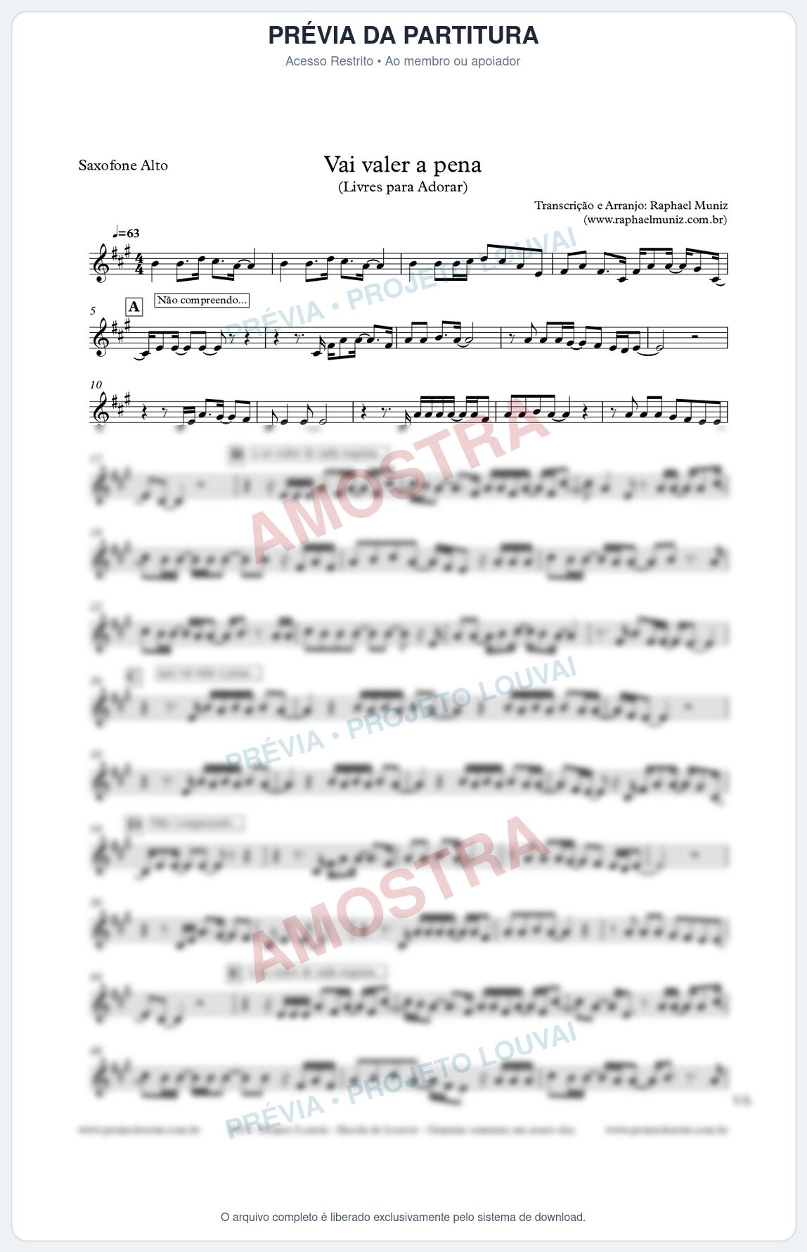 Prévia protegida da primeira página da partitura Partitura para Sax Alto - Vai valer a pena - Livres - Juliano Son