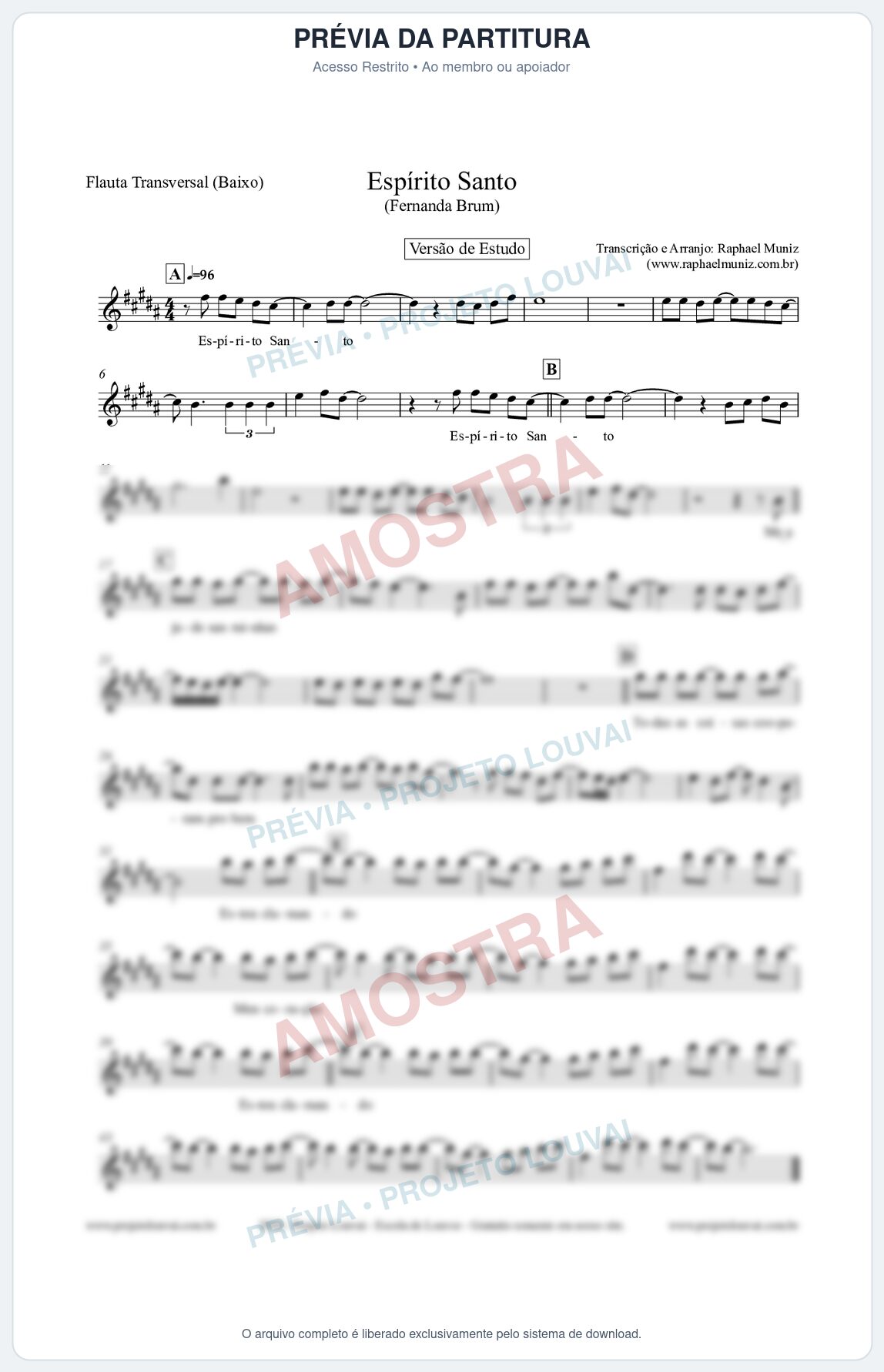 Prévia protegida da primeira página da partitura Partitura para Flauta Transversal (Baixo) - Espírito Santo (Versão de Estudo) - Fernanda Brum