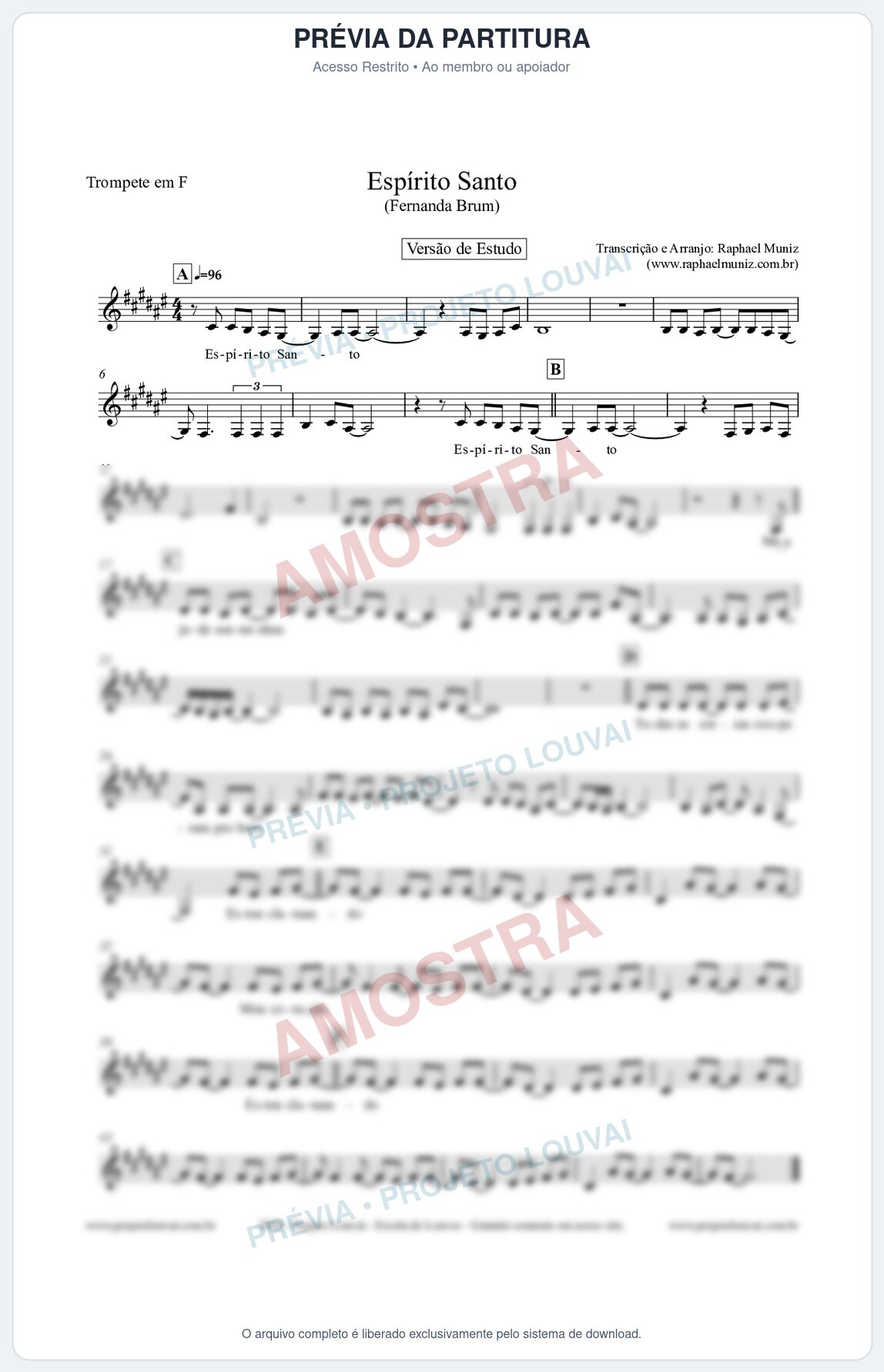 Prévia protegida da primeira página da partitura Partitura para Trompete em F - Espírito Santo (Versão de Estudo) - Fernanda Brum