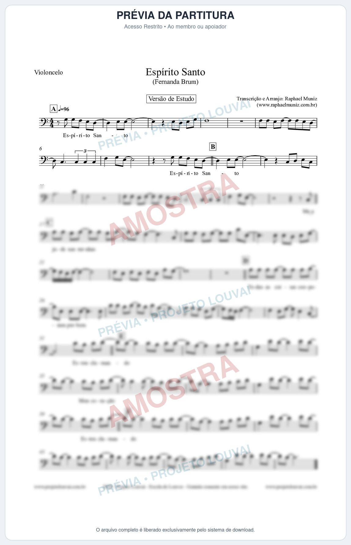 Prévia protegida da primeira página da partitura Partitura para Violoncelo - Espírito Santo (Versão de Estudo) - Fernanda Brum