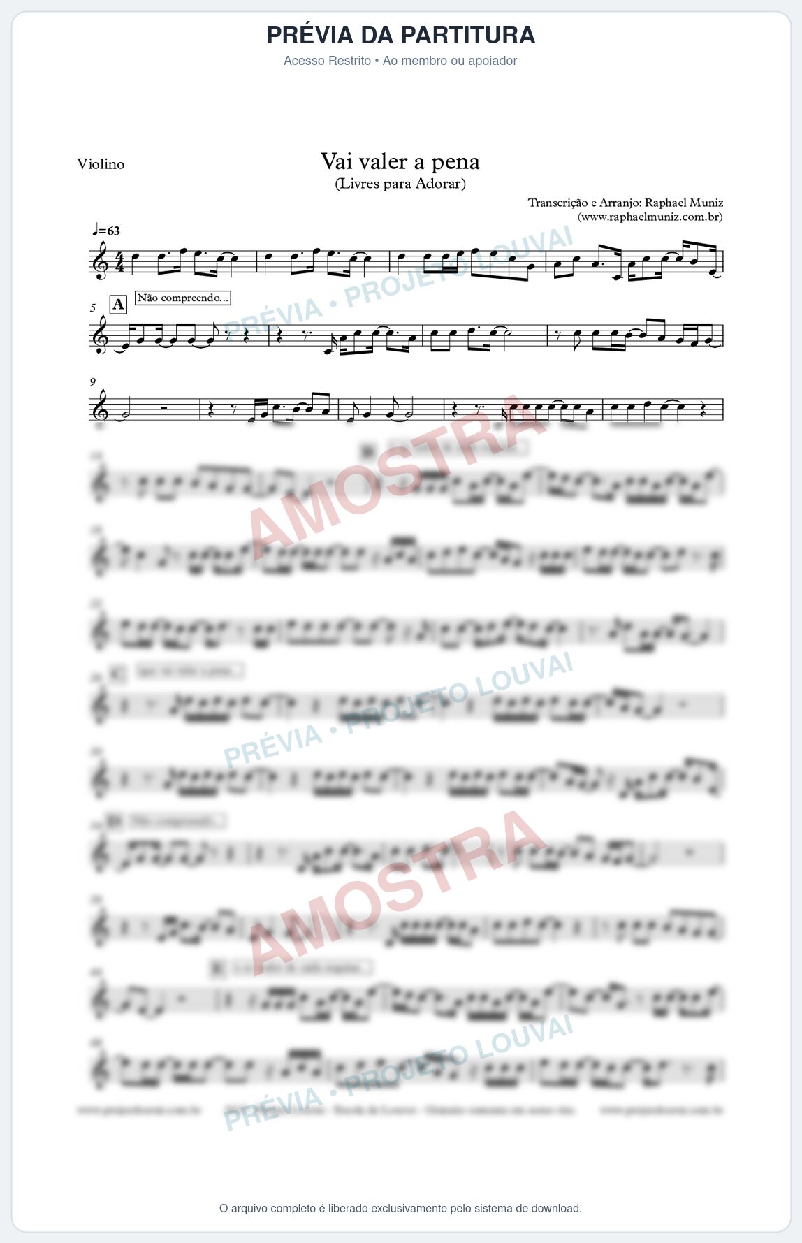 Prévia protegida da primeira página da partitura Partitura para Violino - Vai valer a pena - Livres - Juliano Son