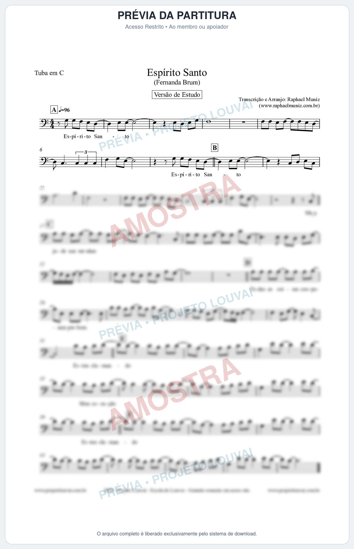 Prévia protegida da primeira página da partitura Partitura para Tuba em C - Espírito Santo (Versão de Estudo) - Fernanda Brum