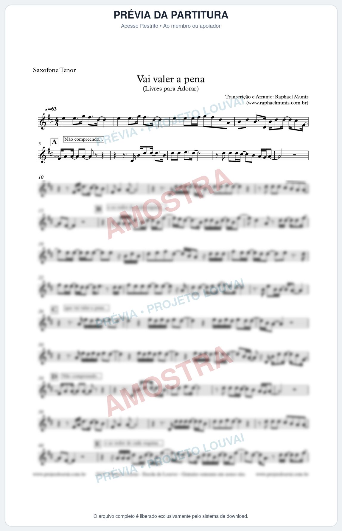 Prévia protegida da primeira página da partitura Partitura para Sax Tenor - Vai valer a pena - Livres - Juliano Son