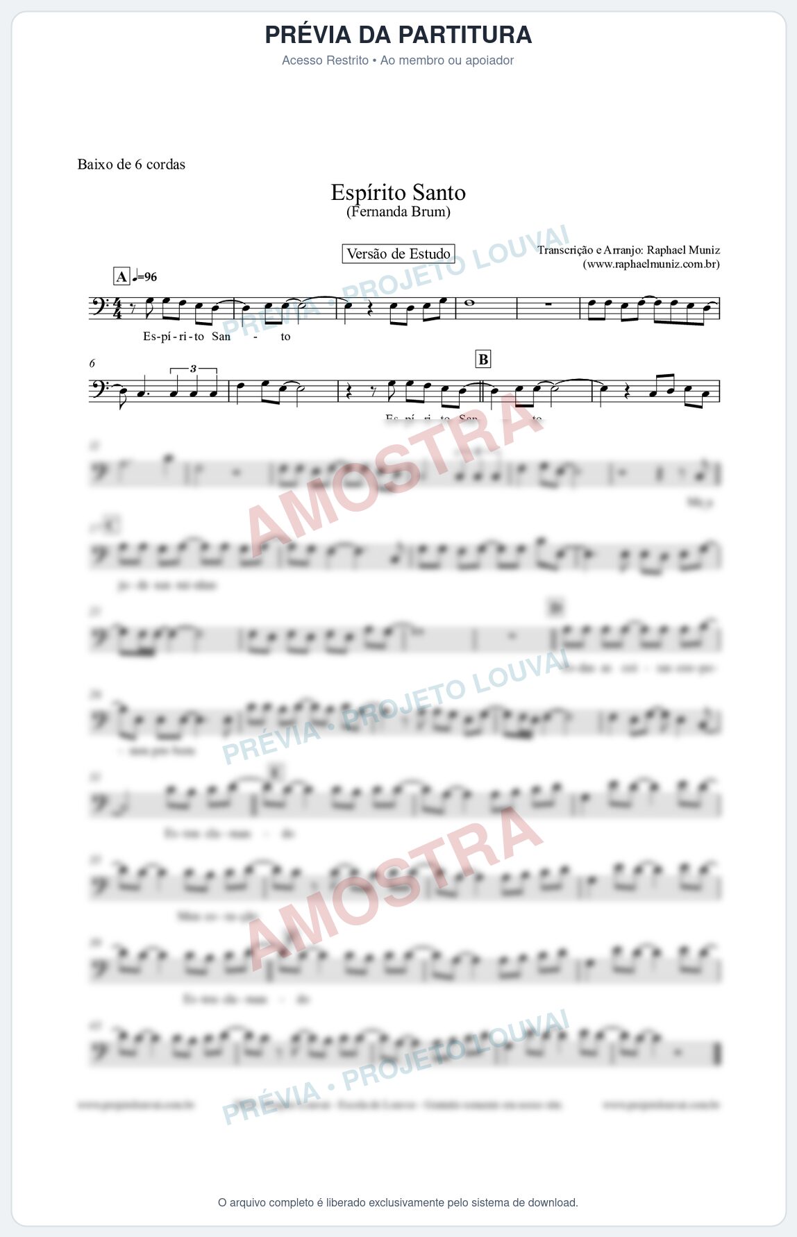 Prévia protegida da primeira página da partitura Partitura para Baixo de 6 cordas - Espírito Santo (Versão de Estudo) - Fernanda Brum