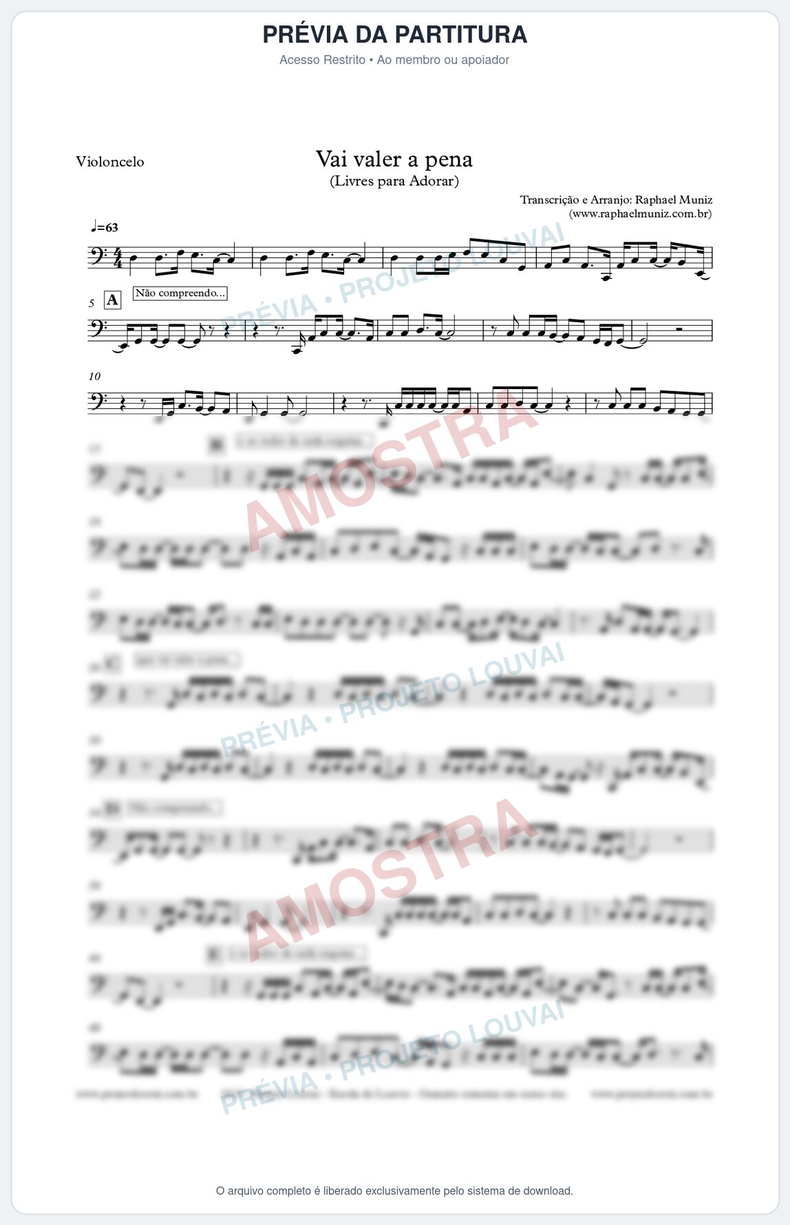 Prévia protegida da primeira página da partitura Partitura para Violoncelo - Vai valer a pena - Livres - Juliano Son