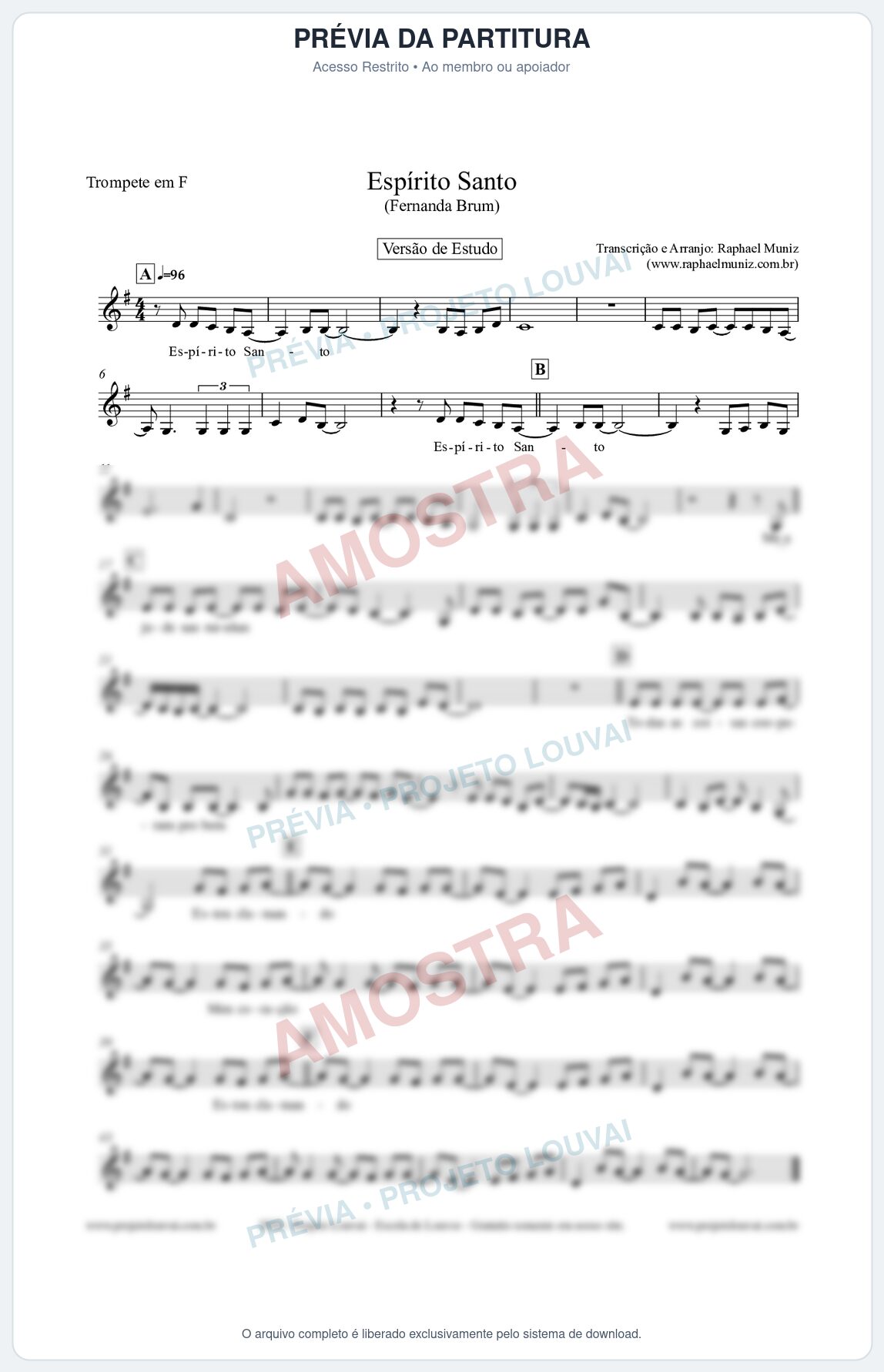 Prévia protegida da primeira página da partitura Partitura para Trompete em F - Espírito Santo (Versão de Estudo) - Fernanda Brum