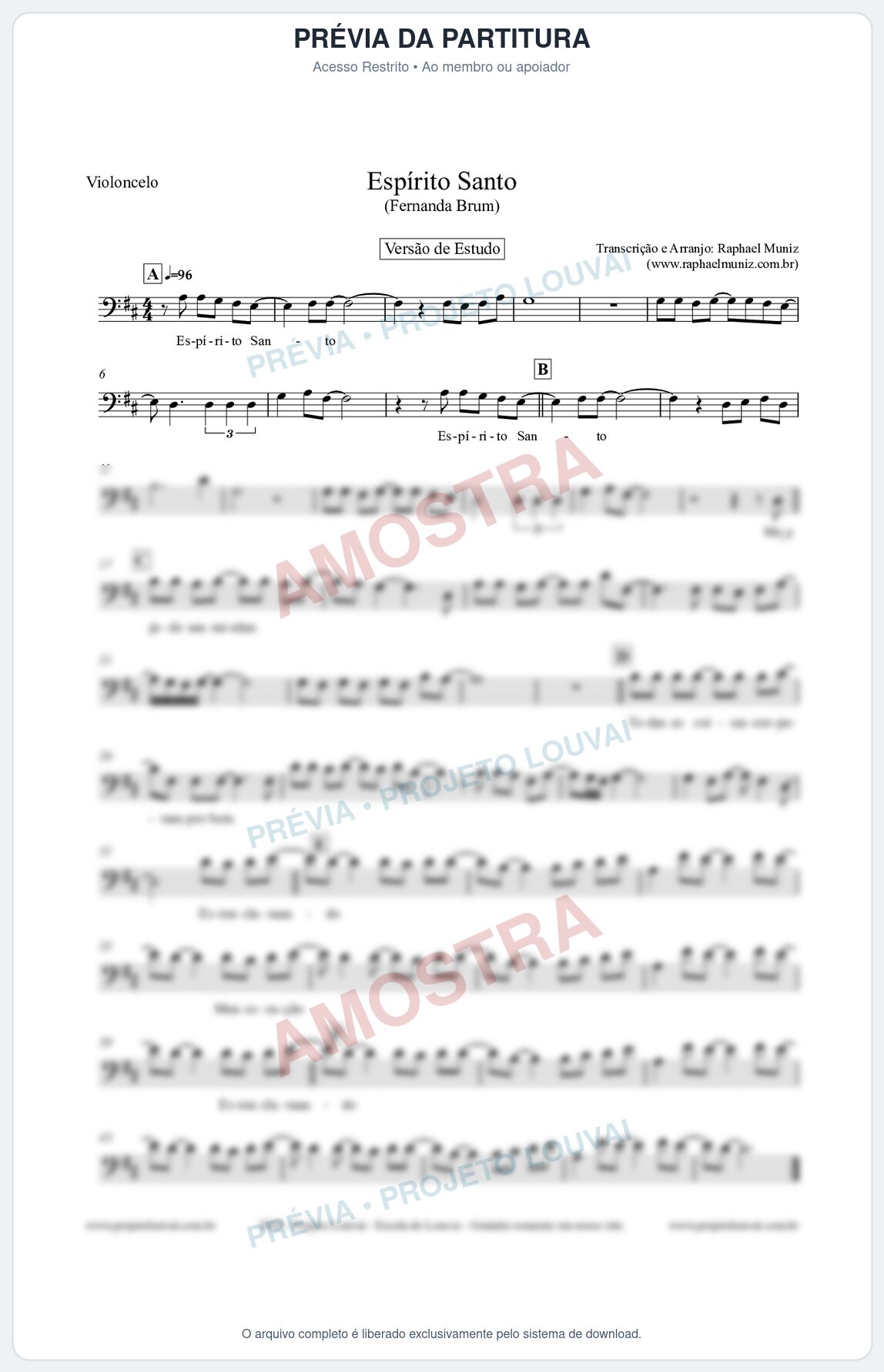 Prévia protegida da primeira página da partitura Partitura para Violoncelo - Espírito Santo (Versão de Estudo) - Fernanda Brum