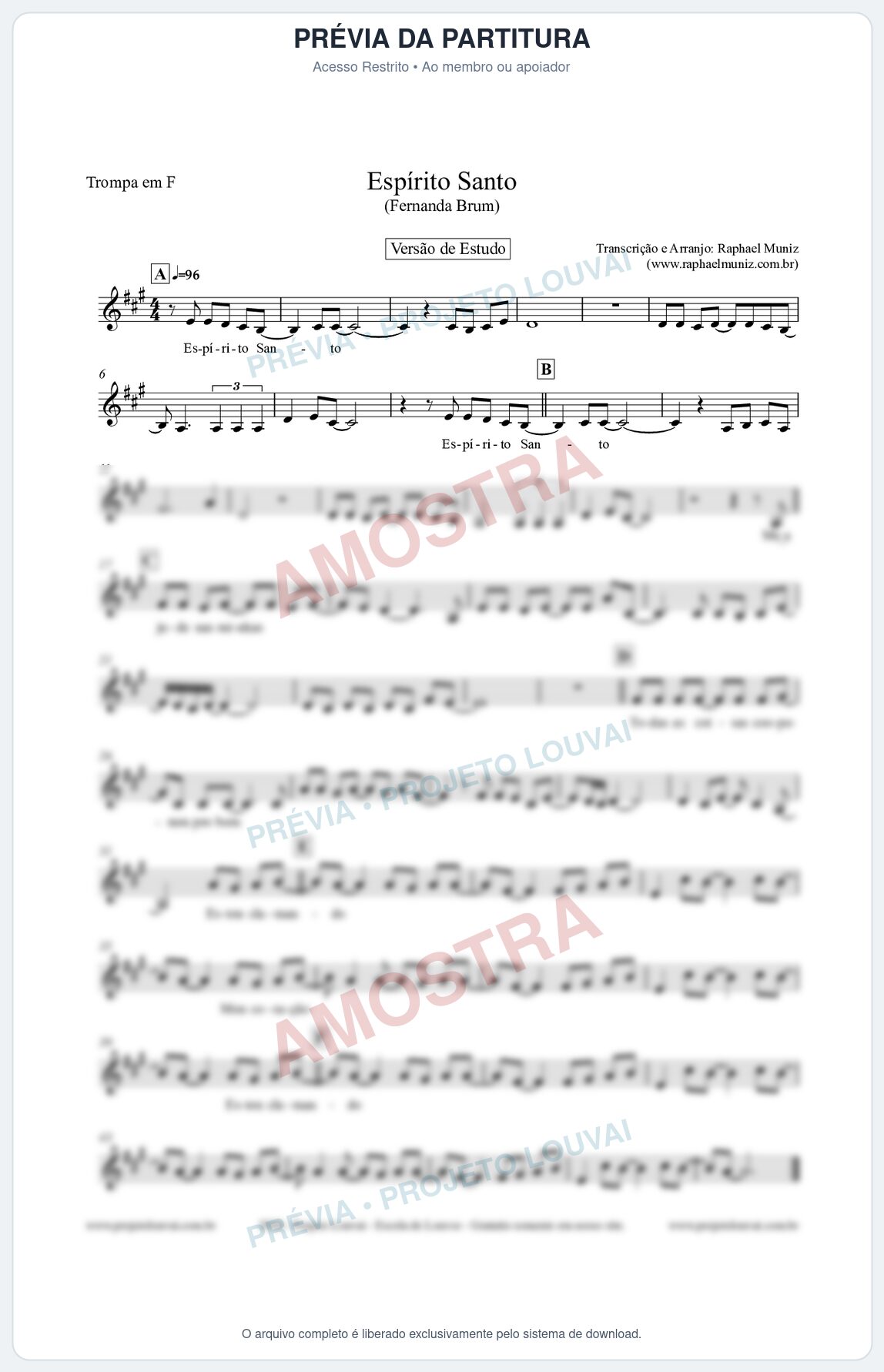 Prévia protegida da primeira página da partitura Partitura para Trompa em F - Espírito Santo (Versão de Estudo) - Fernanda Brum