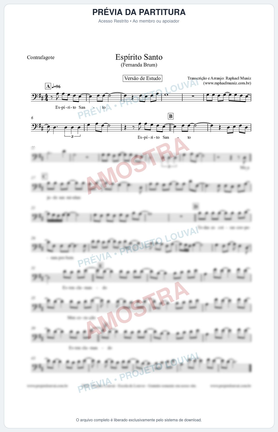 Prévia protegida da primeira página da partitura Partitura para Contrafagote - Espírito Santo (Versão de Estudo) - Fernanda Brum
