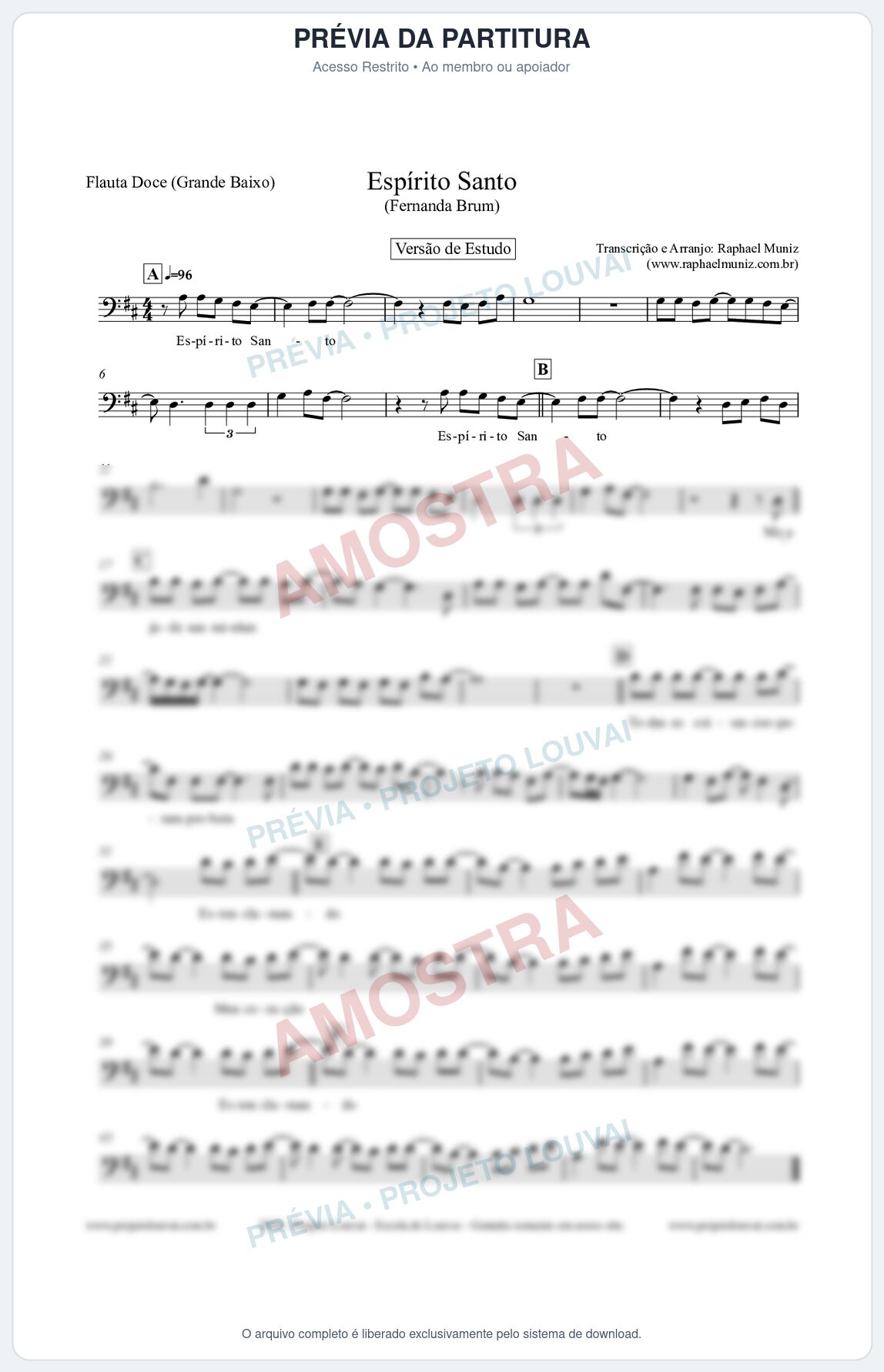 Prévia protegida da primeira página da partitura Partitura para Flauta Doce (Grande Baixo) - Espírito Santo (Versão de Estudo) - Fernanda Brum