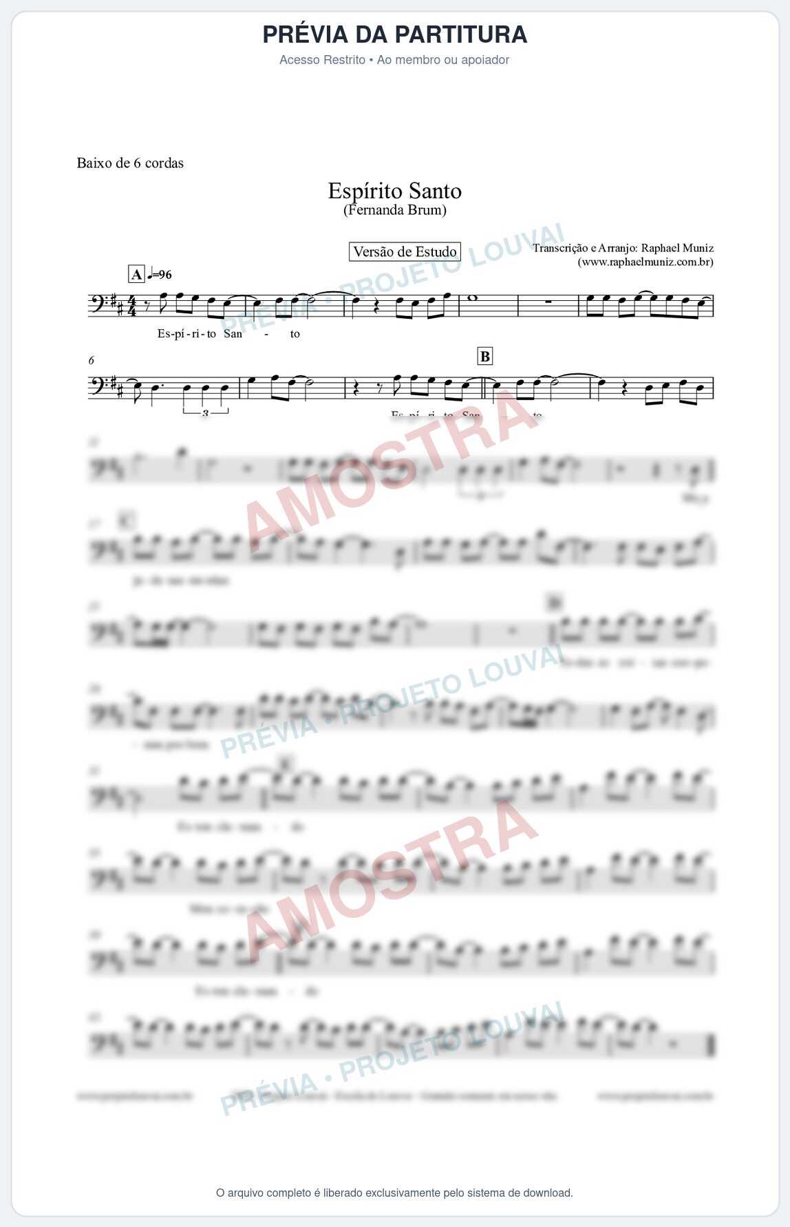 Prévia protegida da primeira página da partitura Partitura para Baixo de 6 cordas - Espírito Santo (Versão de Estudo) - Fernanda Brum