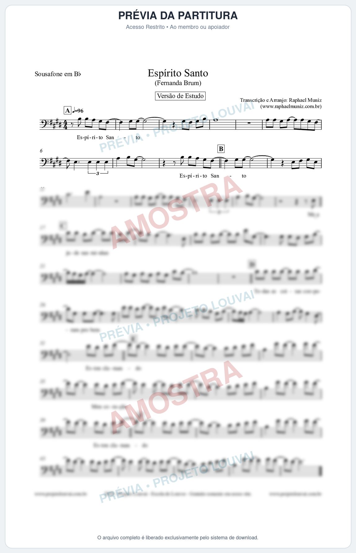 Prévia protegida da primeira página da partitura Partitura para Sousafone em Bb - Espírito Santo (Versão de Estudo) - Fernanda Brum