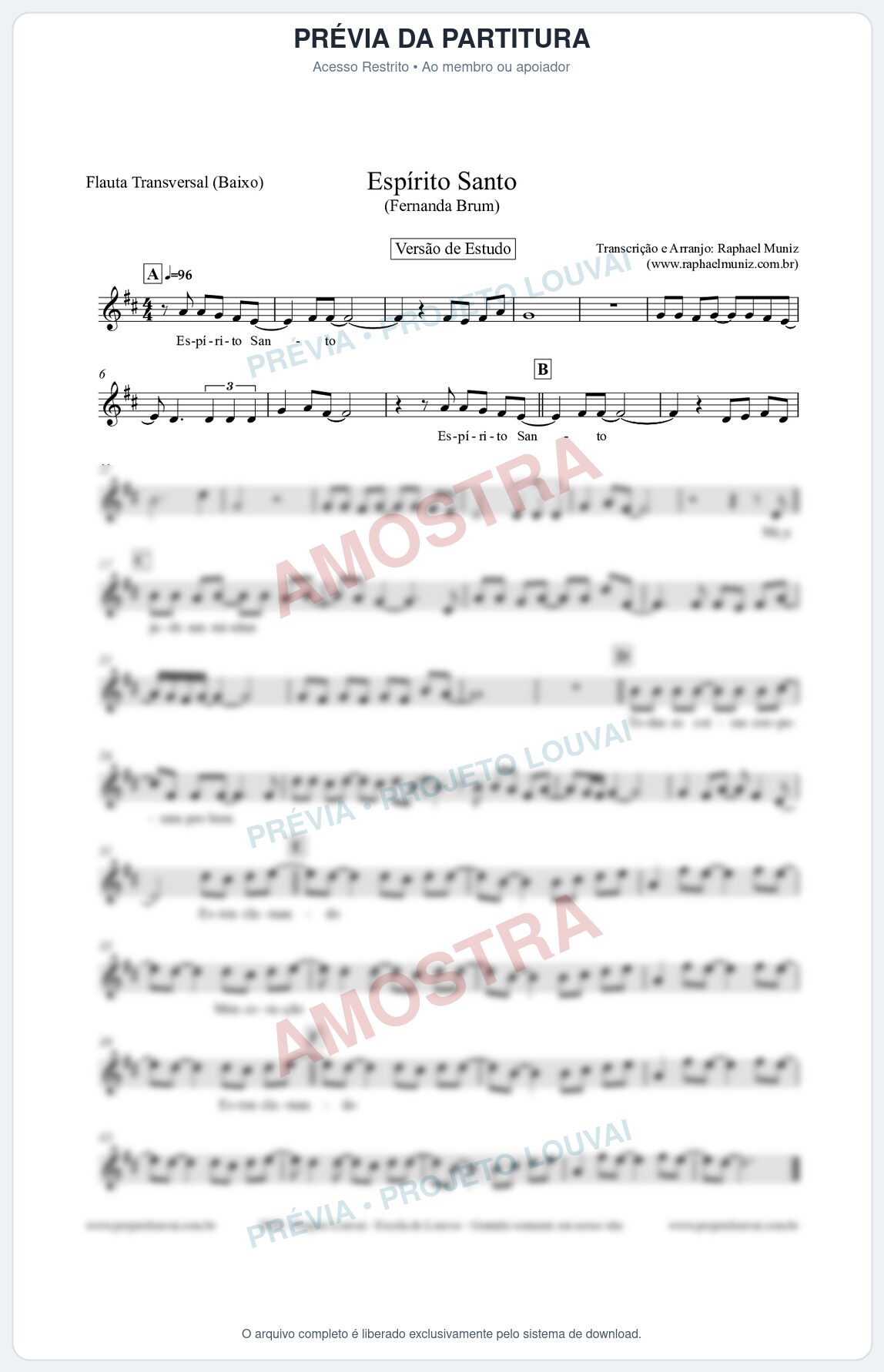 Prévia protegida da primeira página da partitura Partitura para Flauta Transversal (Baixo) - Espírito Santo (Versão de Estudo) - Fernanda Brum