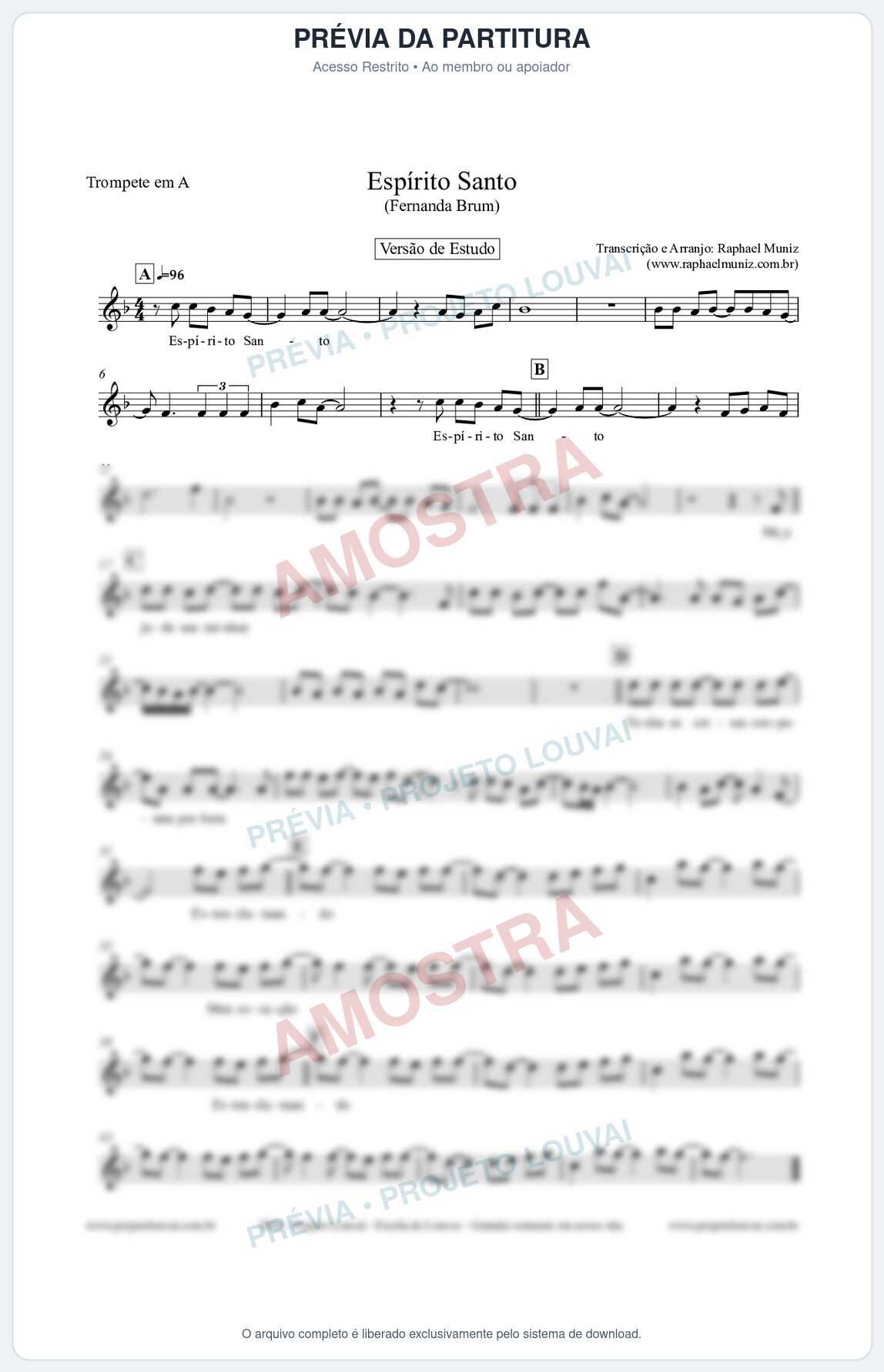 Prévia protegida da primeira página da partitura Partitura para Trompete em A - Espírito Santo (Versão de Estudo) - Fernanda Brum