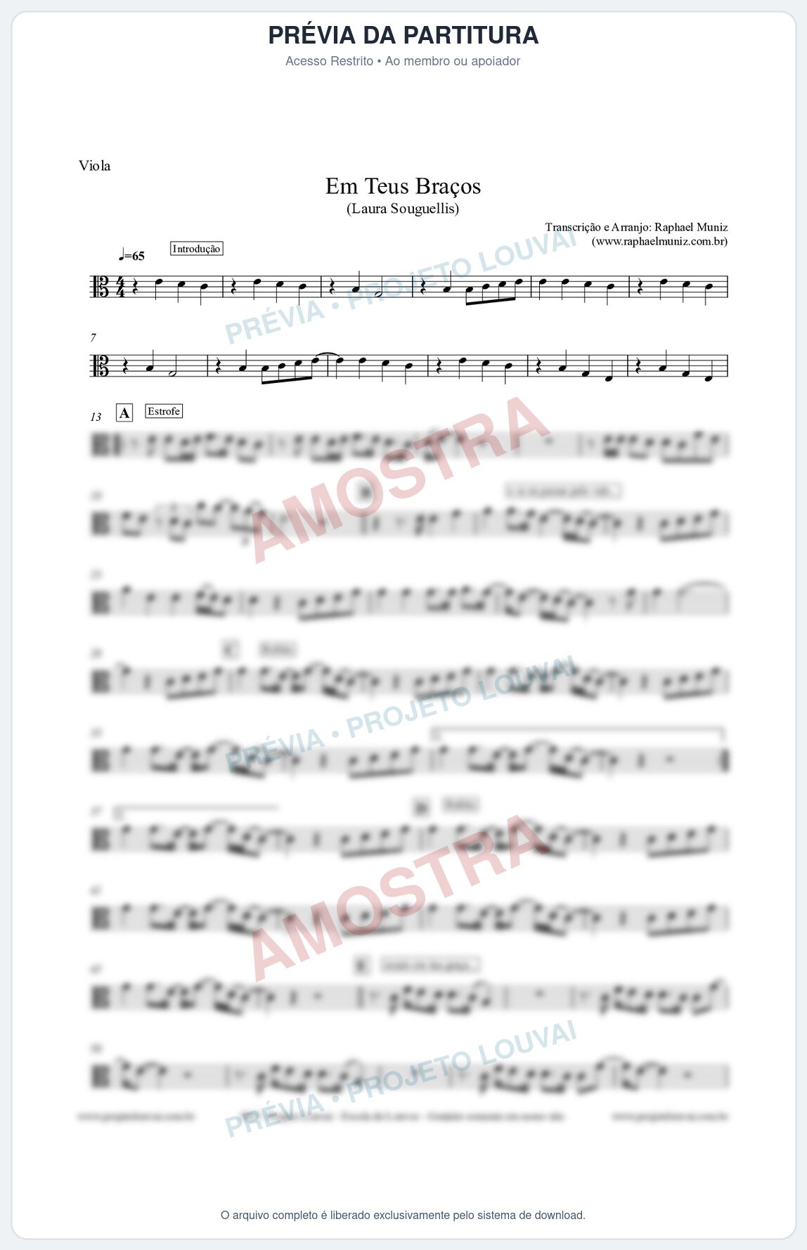 Prévia protegida da primeira página da partitura Partitura para Viola - Em Teus Braços - Laura Souguellis