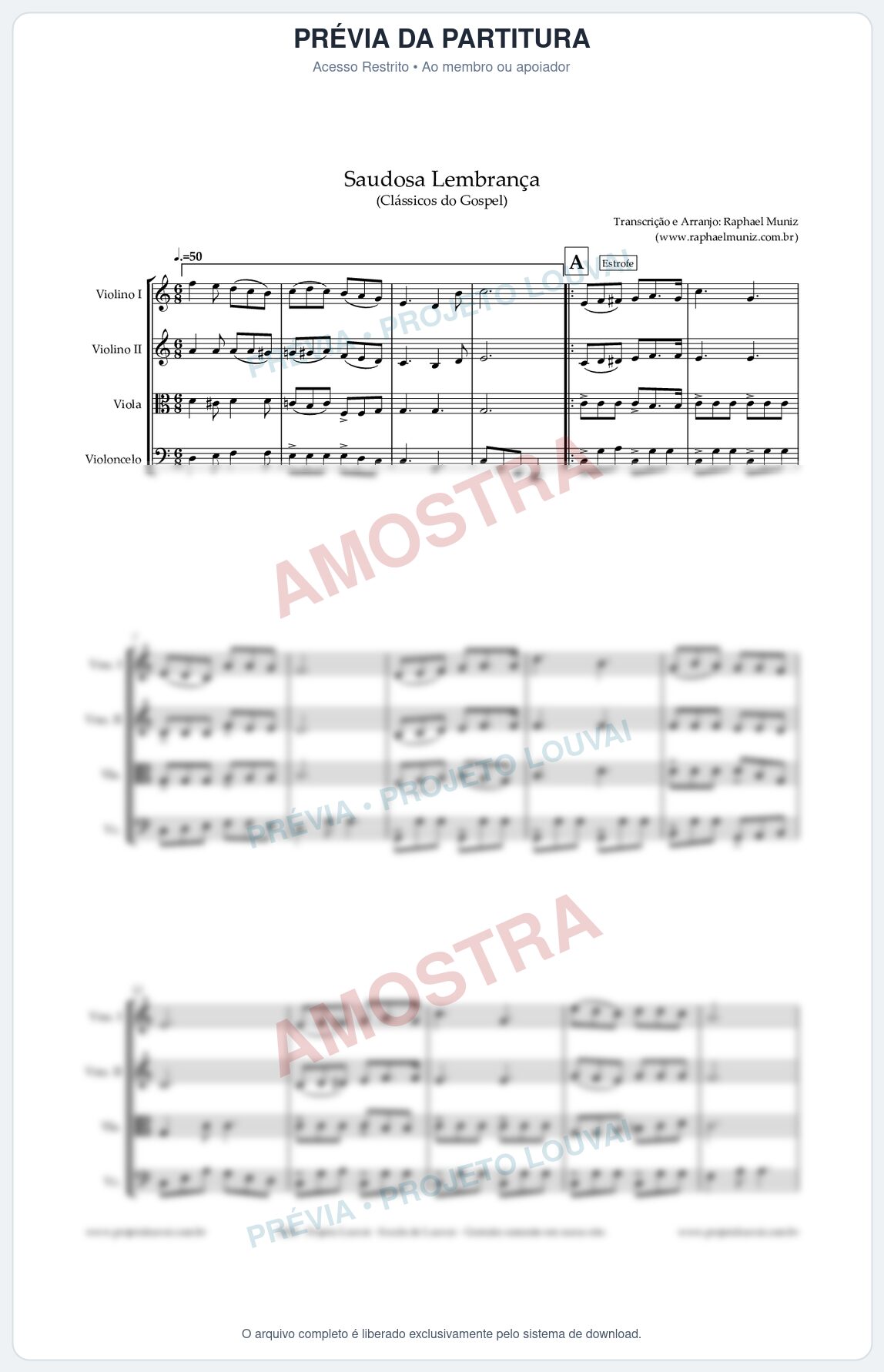 Prévia protegida da primeira página da partitura Partitura para Quarteto de Cordas - Saudosa Lembrança - Harpa Cristã nº2 - Clássicos do Gospel