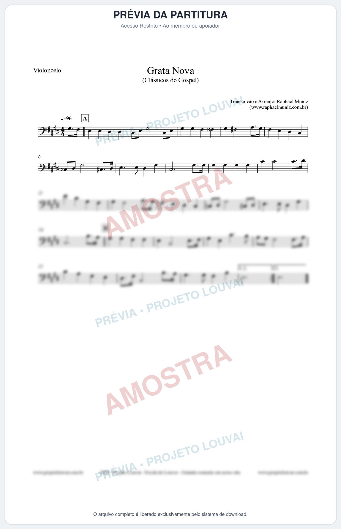 Prévia protegida da primeira página da partitura Partitura para Violoncelo - Grata Nova - Harpa Cristã 18 - Clássicos do Gospel