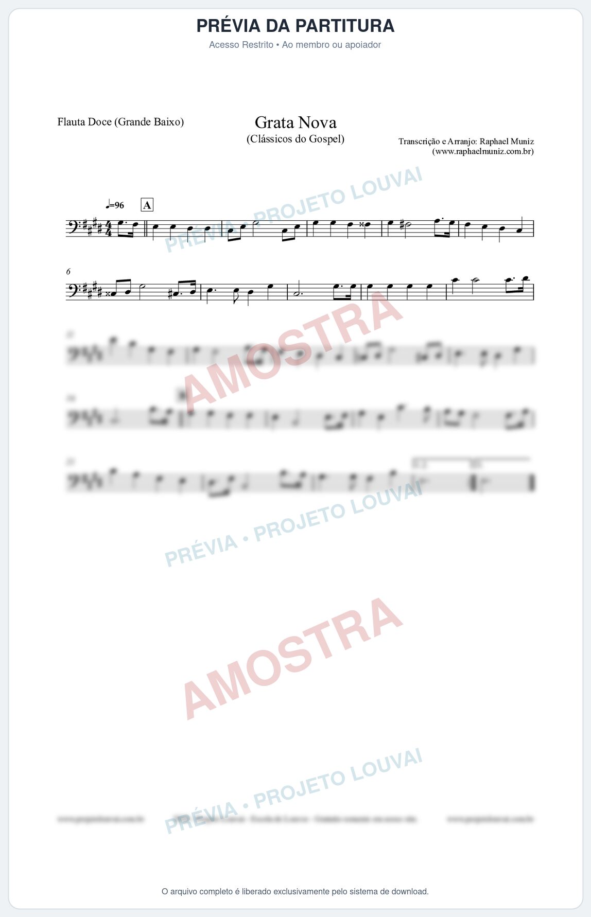 Prévia protegida da primeira página da partitura Partitura para Flauta Doce (Grande Baixo) - Grata Nova - Harpa Cristã 18 - Clássicos do Gospel