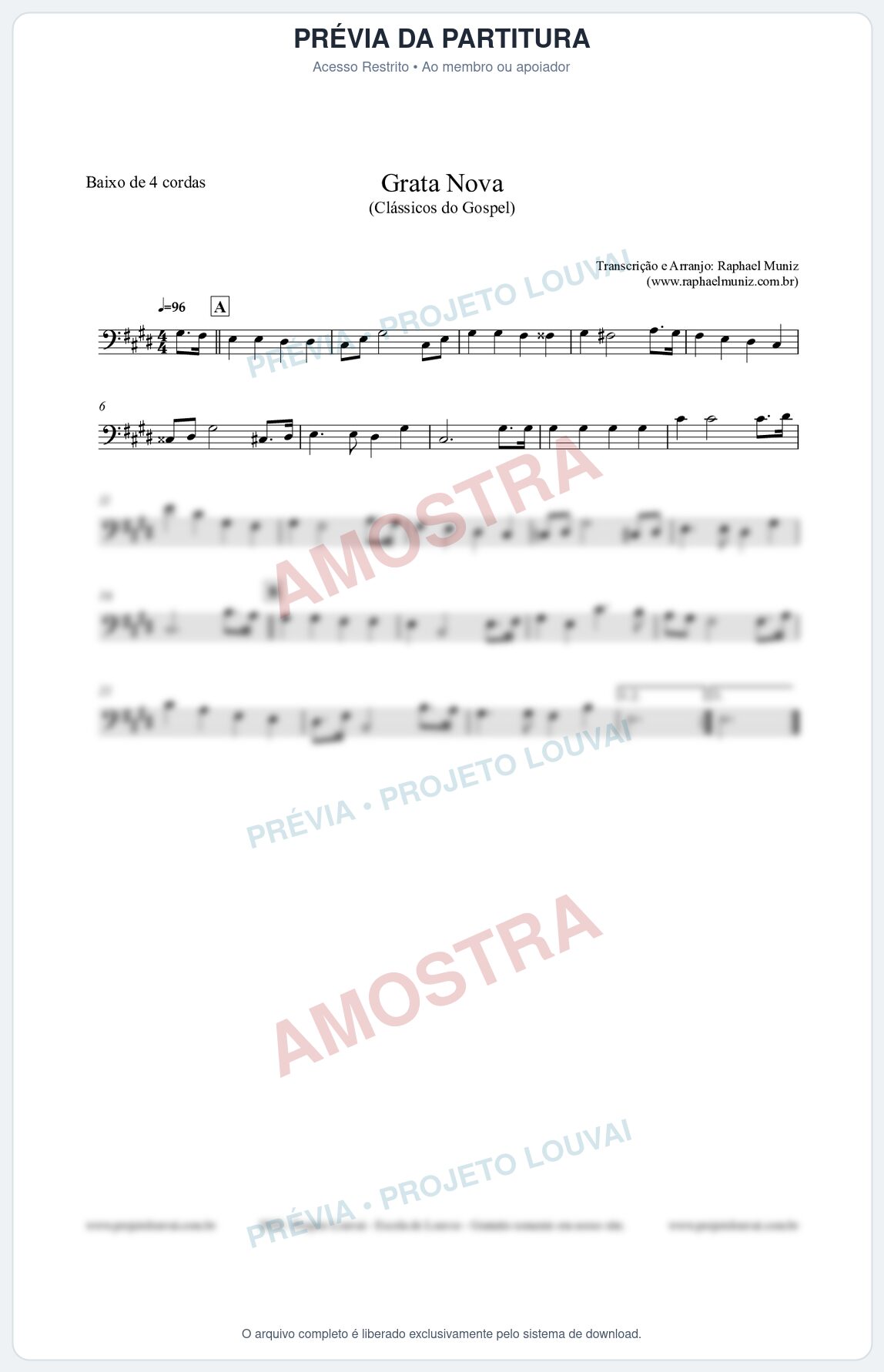 Prévia protegida da primeira página da partitura Partitura para Baixo de 4 cordas - Grata Nova - Harpa Cristã 18 - Clássicos do Gospel
