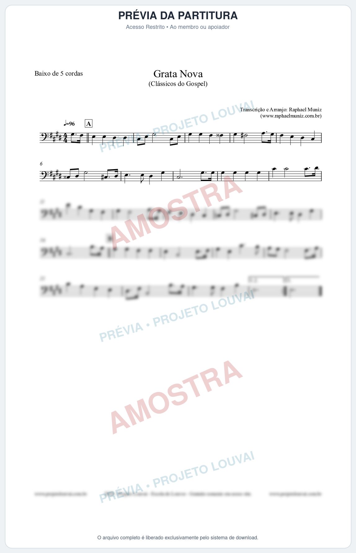 Prévia protegida da primeira página da partitura Partitura para Baixo de 5 cordas - Grata Nova - Harpa Cristã 18 - Clássicos do Gospel