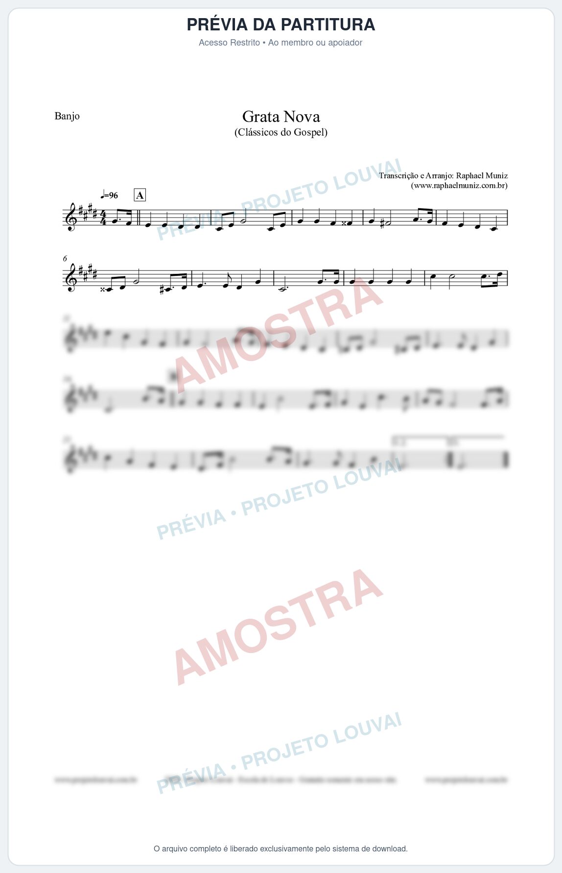Prévia protegida da primeira página da partitura Partitura para Banjo - Grata Nova - Harpa Cristã 18 - Clássicos do Gospel