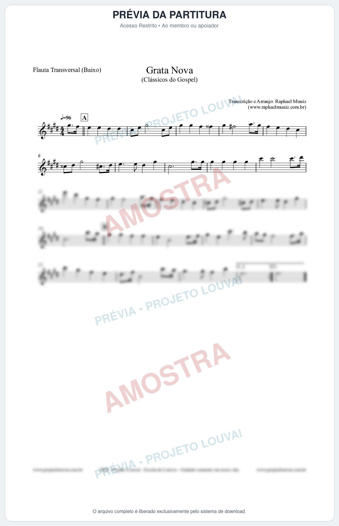 Prévia protegida da primeira página da partitura Partitura para Flauta Transversal (Baixo) - Grata Nova - Harpa Cristã 18 - Clássicos do Gospel