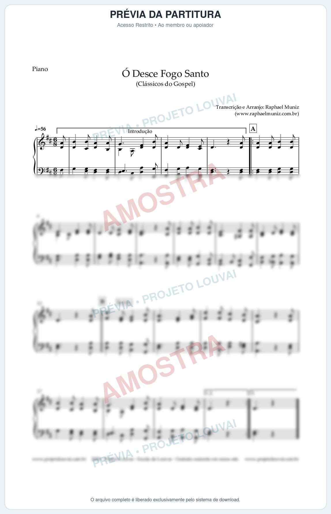 Prévia protegida da primeira página da partitura Partitura para Piano - Ó Desce Fogo Santo - Harpa Cristã nº5 - Clássicos do Gospel
