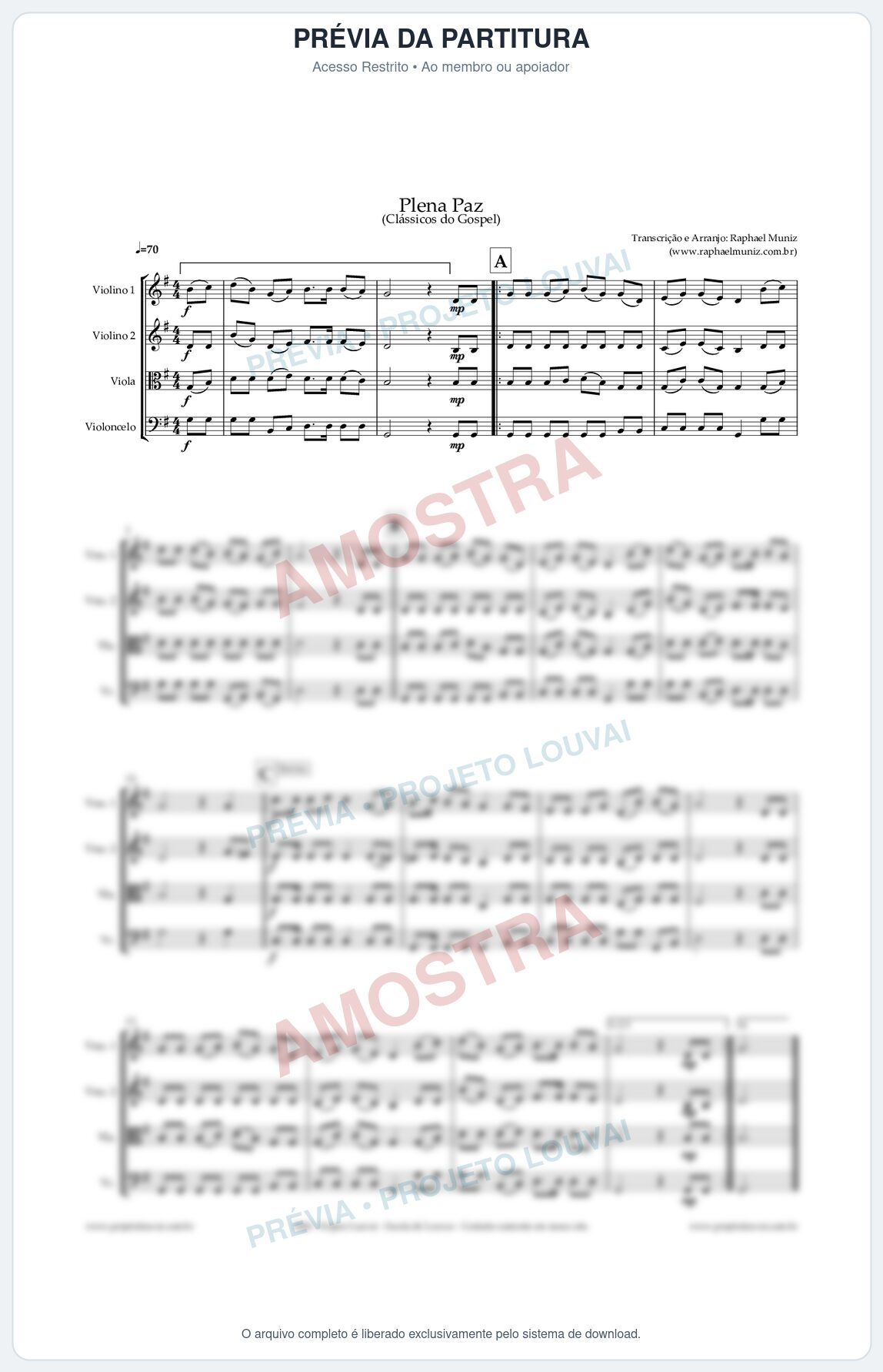 Prévia protegida da primeira página da partitura Partitura para Quarteto de Cordas - Plena Paz - Harpa Cristã nº3 - Clássicos do Gospel
