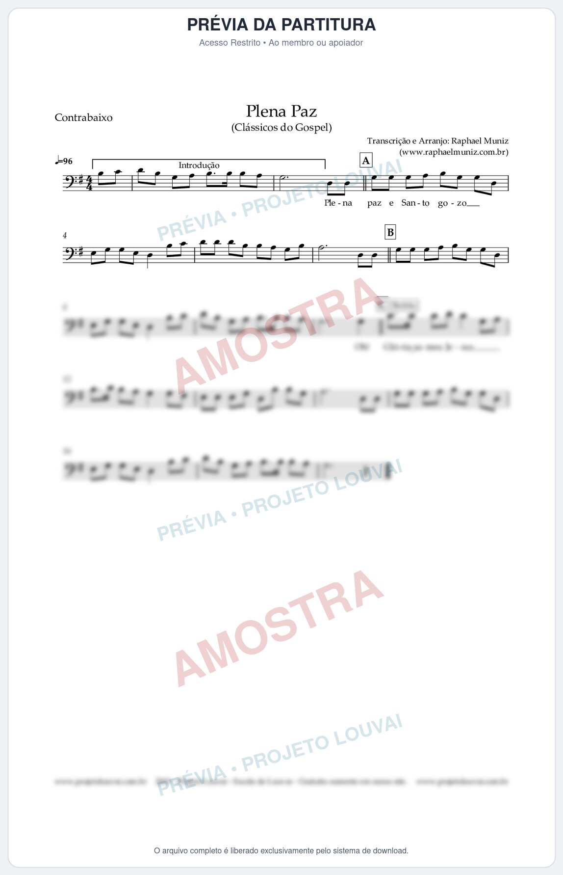 Prévia protegida da primeira página da partitura Partitura para Contrabaixo Acústico - Plena Paz - Harpa Cristã nº3 - Clássicos do Gospel