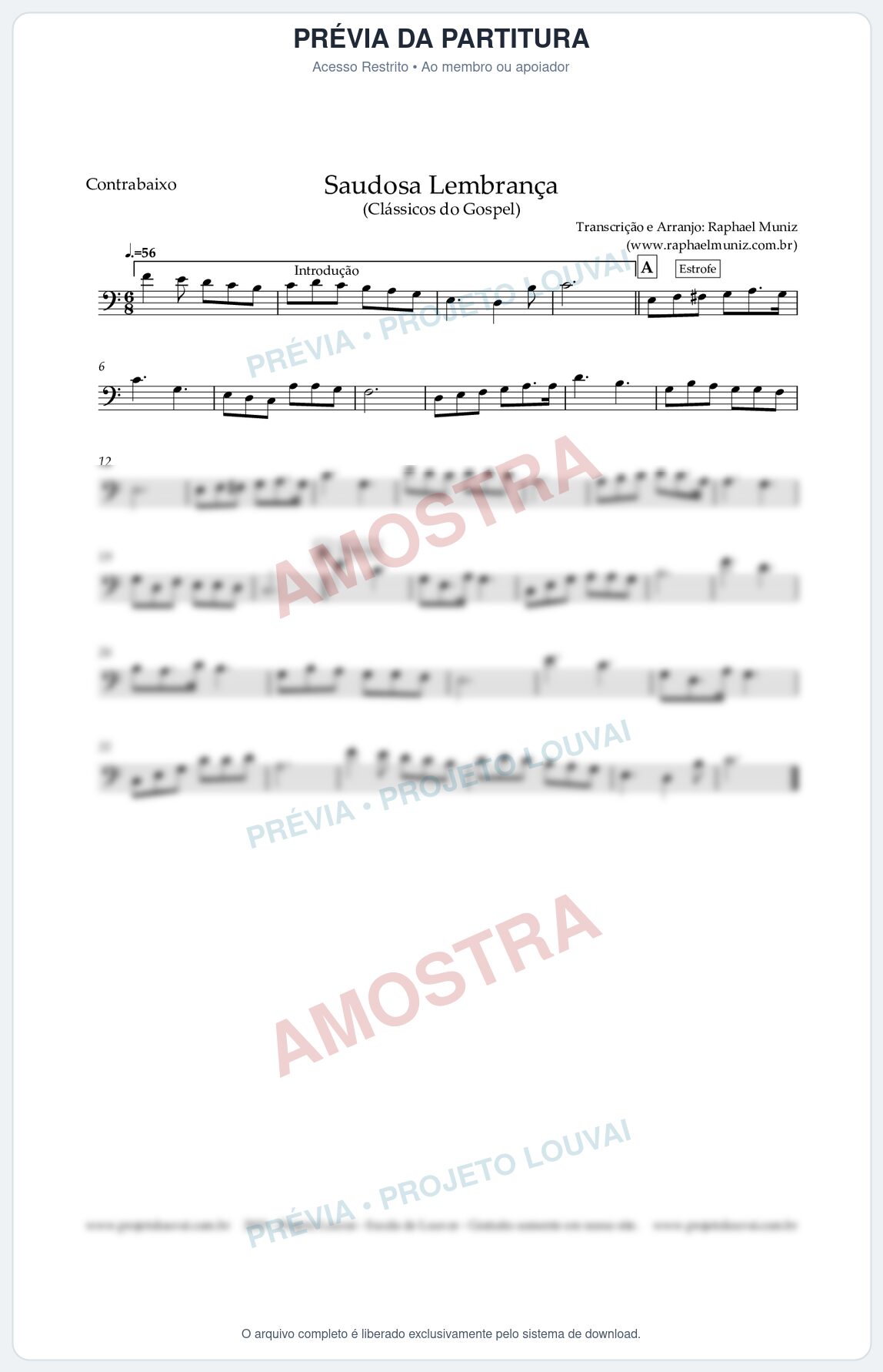 Prévia protegida da primeira página da partitura Partitura para Contrabaixo Acústico - Saudosa Lembrança - Harpa Cristã nº2 - Clássicos do Gospel