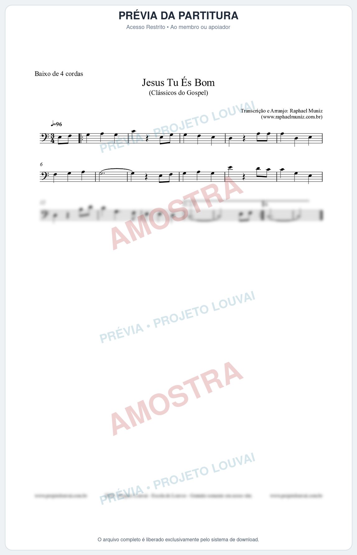 Prévia protegida da primeira página da partitura Partitura para Baixo de 4 cordas - Jesus Tu És Bom - Harpa Cristã nº25 - Clássicos do Gospel