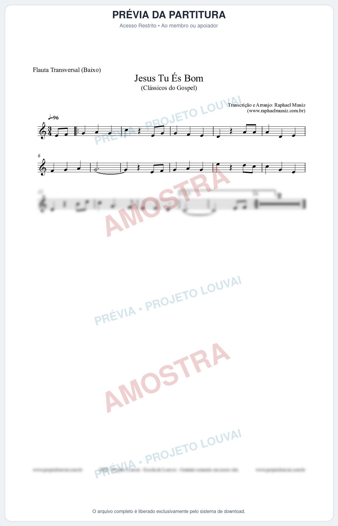 Prévia protegida da primeira página da partitura Partitura para Flauta Transversal (Baixo) - Jesus Tu És Bom - Harpa Cristã nº25 - Clássicos do Gospel