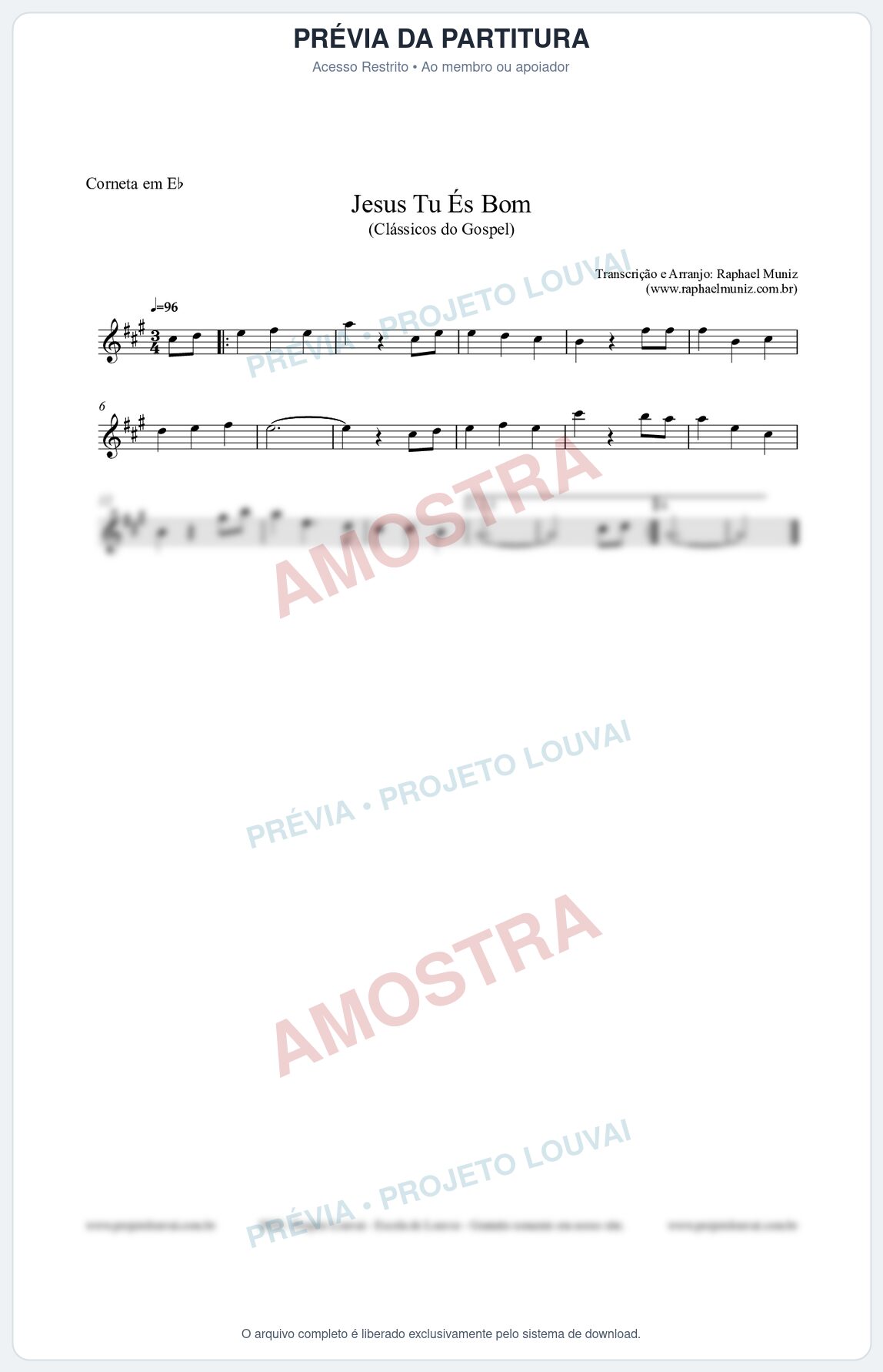 Prévia protegida da primeira página da partitura Partitura para Corneta em Eb - Jesus Tu És Bom - Harpa Cristã nº25 - Clássicos do Gospel