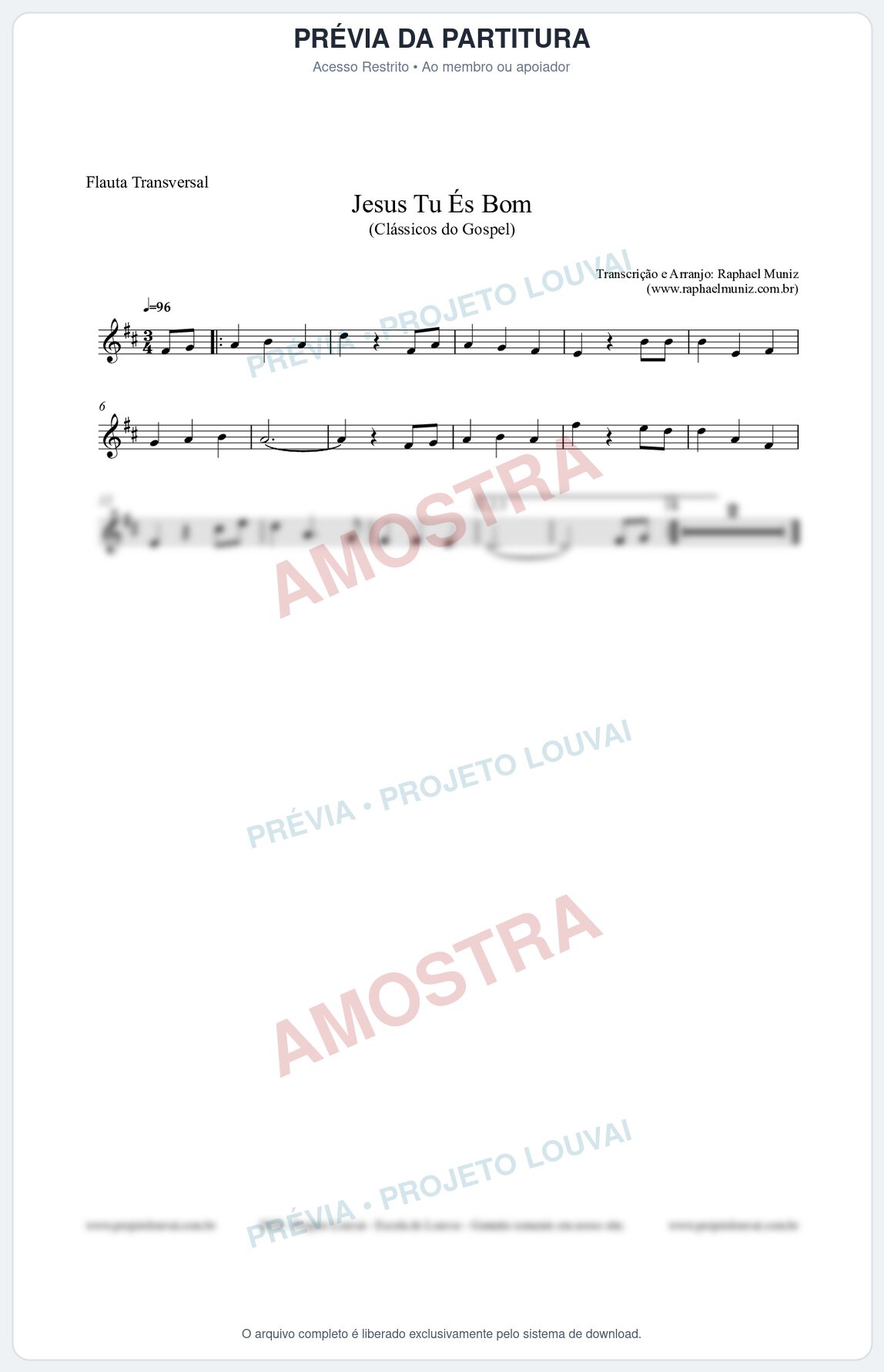 Prévia protegida da primeira página da partitura Partitura para Flauta Transversal - Jesus Tu És Bom - Harpa Cristã nº25 - Clássicos do Gospel