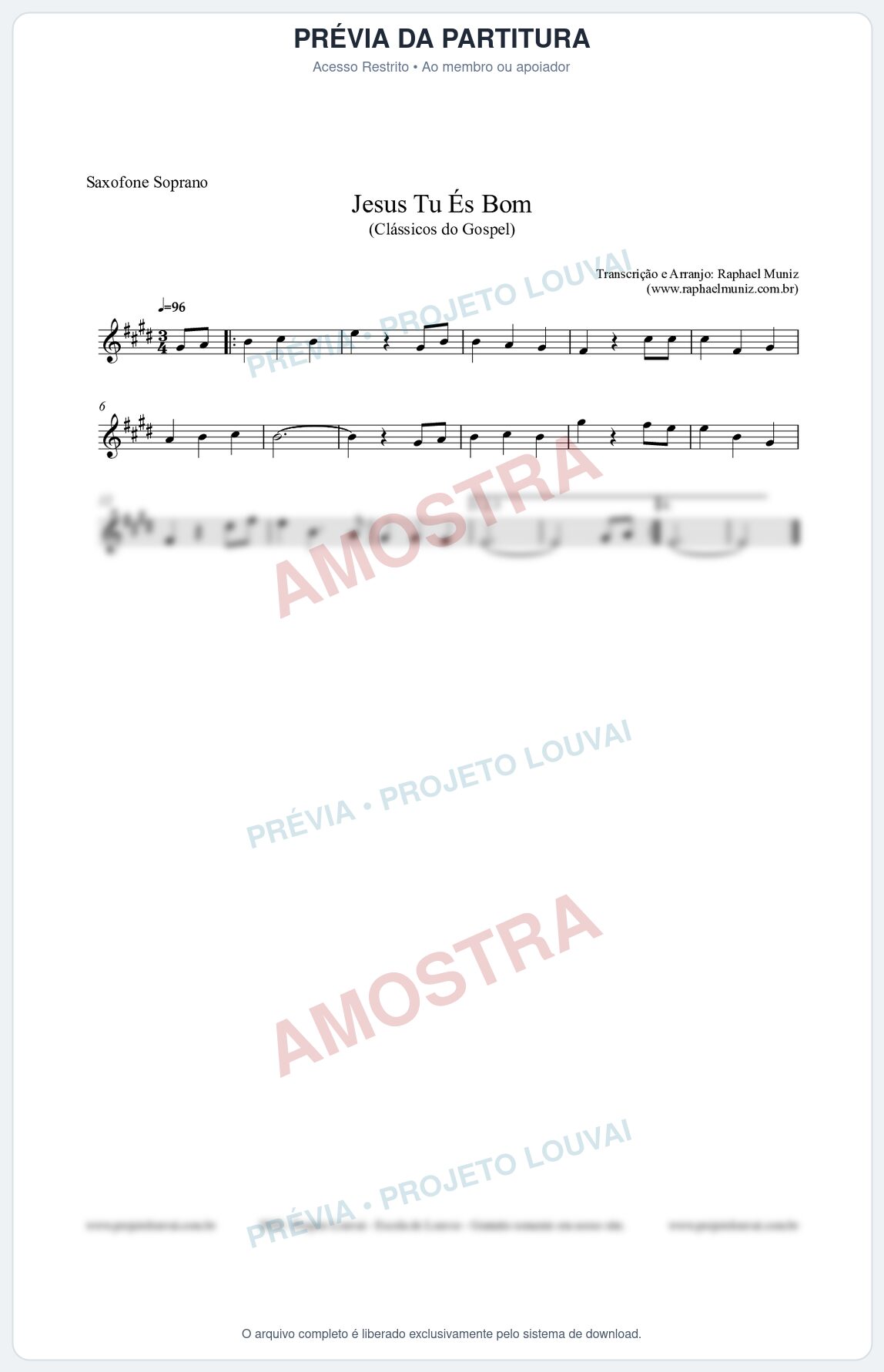 Prévia protegida da primeira página da partitura Partitura para Saxofone Soprano - Jesus Tu És Bom - Harpa Cristã nº25 - Clássicos do Gospel