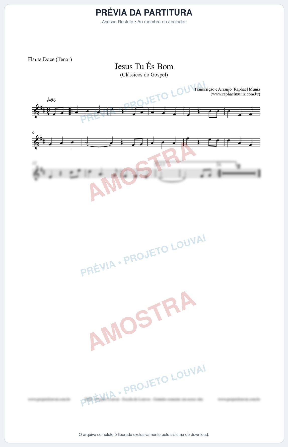 Prévia protegida da primeira página da partitura Partitura para Flauta Doce (Tenor) - Jesus Tu És Bom - Harpa Cristã nº25 - Clássicos do Gospel