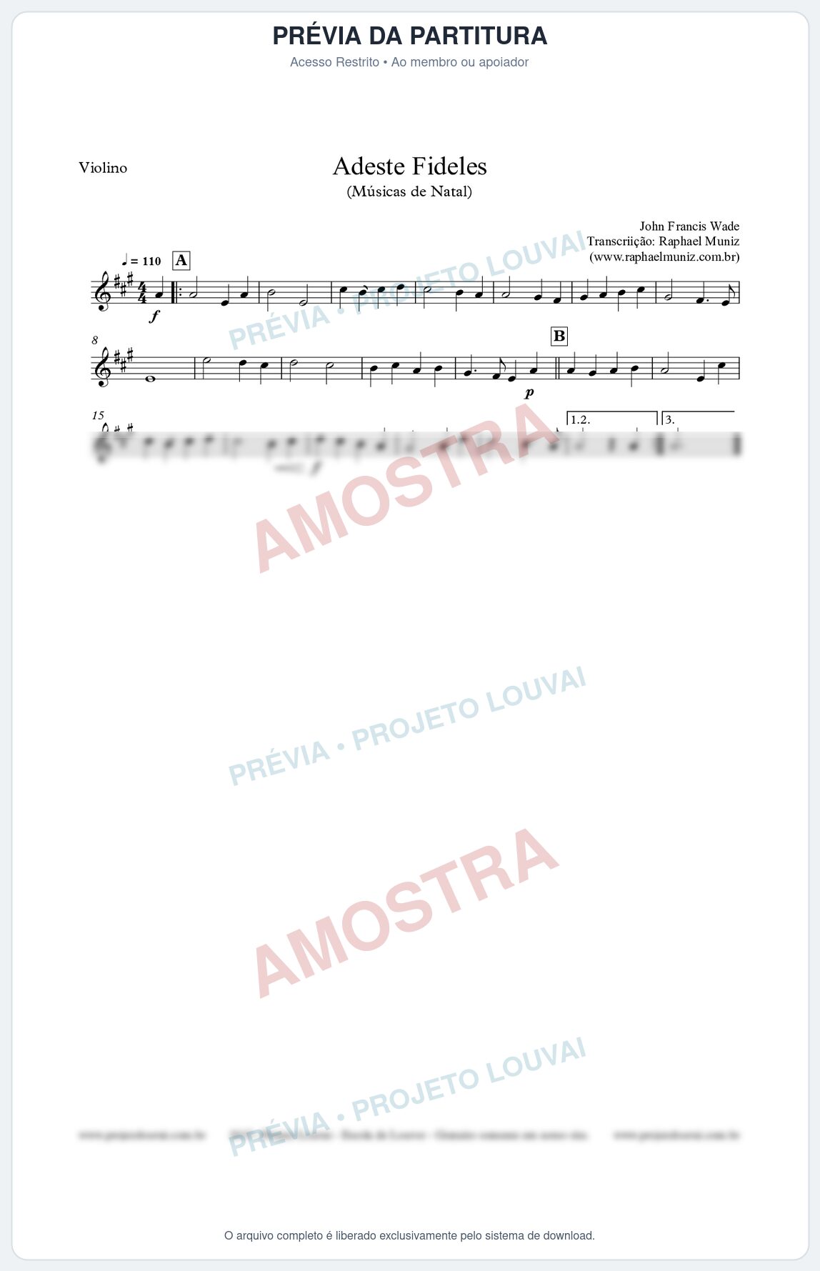 Prévia protegida da primeira página da partitura Partitura para Violino - Adeste Fideles - Músicas de Natal