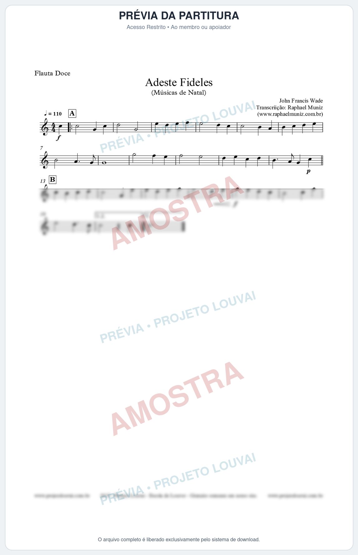 Prévia protegida da primeira página da partitura Partitura para Flauta Doce - Adeste Fideles - Músicas de Natal