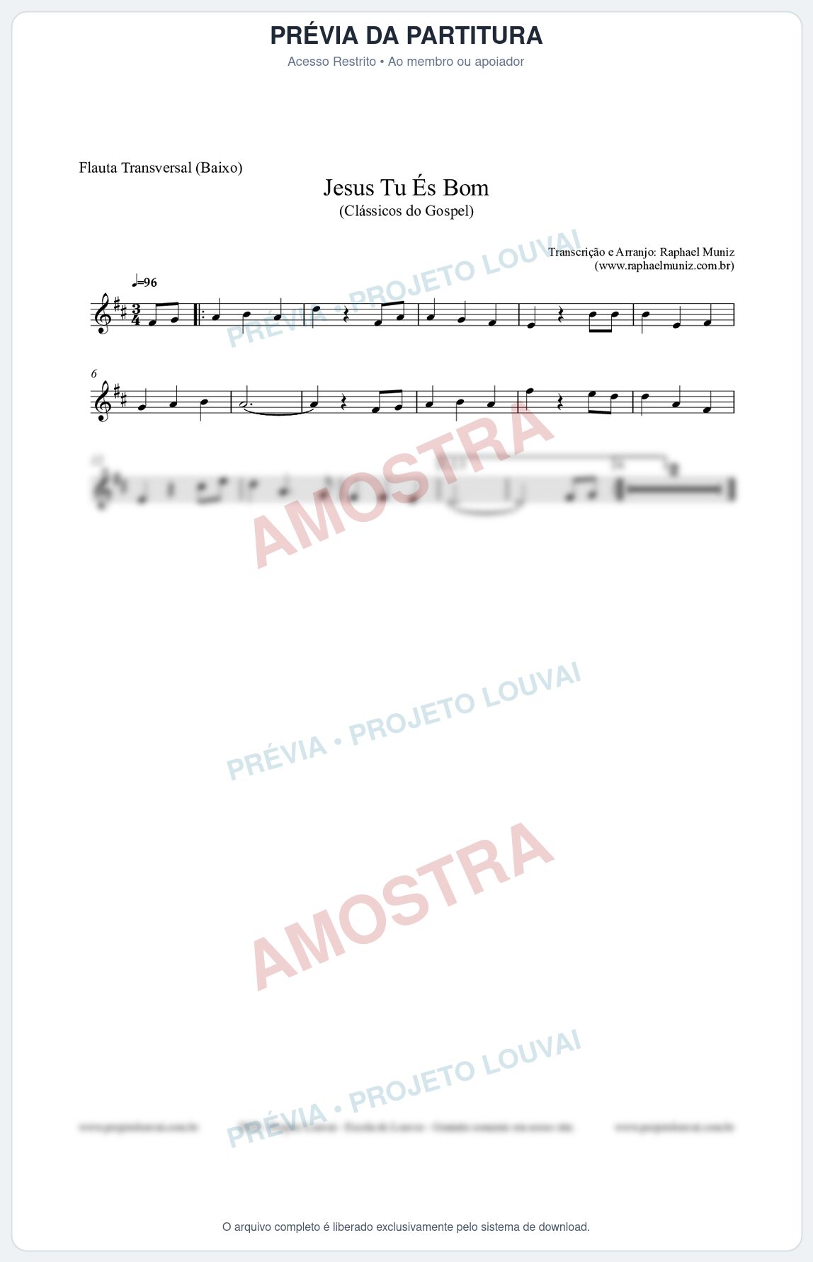 Prévia protegida da primeira página da partitura Partitura para Flauta Transversal (Baixo) - Jesus Tu És Bom - Harpa Cristã nº25 - Clássicos do Gospel