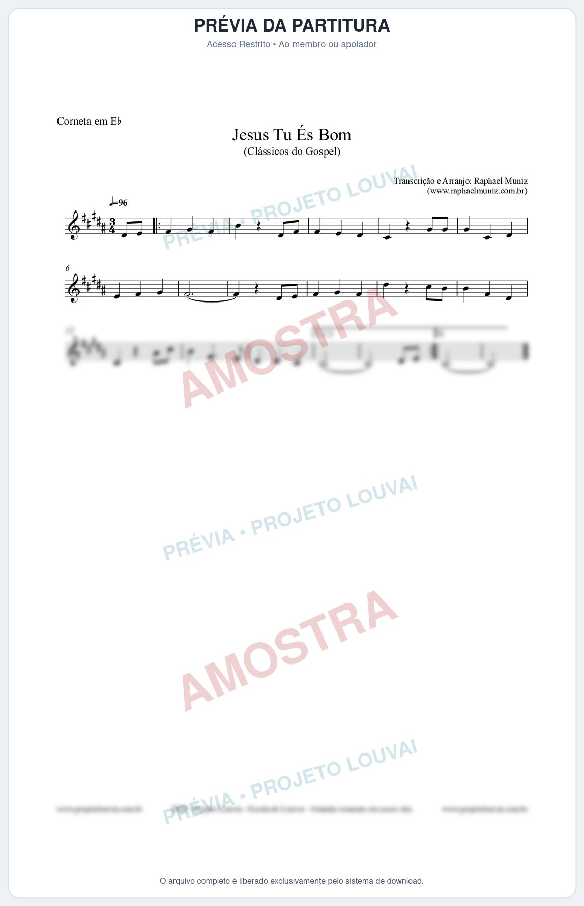Prévia protegida da primeira página da partitura Partitura para Corneta em Eb - Jesus Tu És Bom - Harpa Cristã nº25 - Clássicos do Gospel