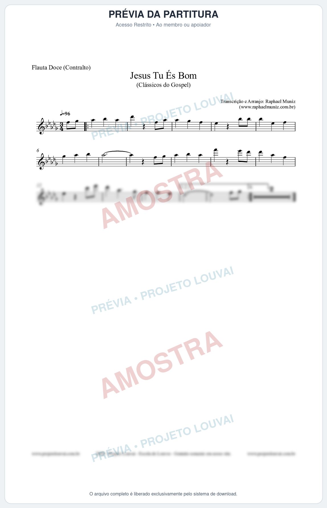 Prévia protegida da primeira página da partitura Partitura para Flauta Doce (Contralto) - Jesus Tu És Bom - Harpa Cristã nº25 - Clássicos do Gospel
