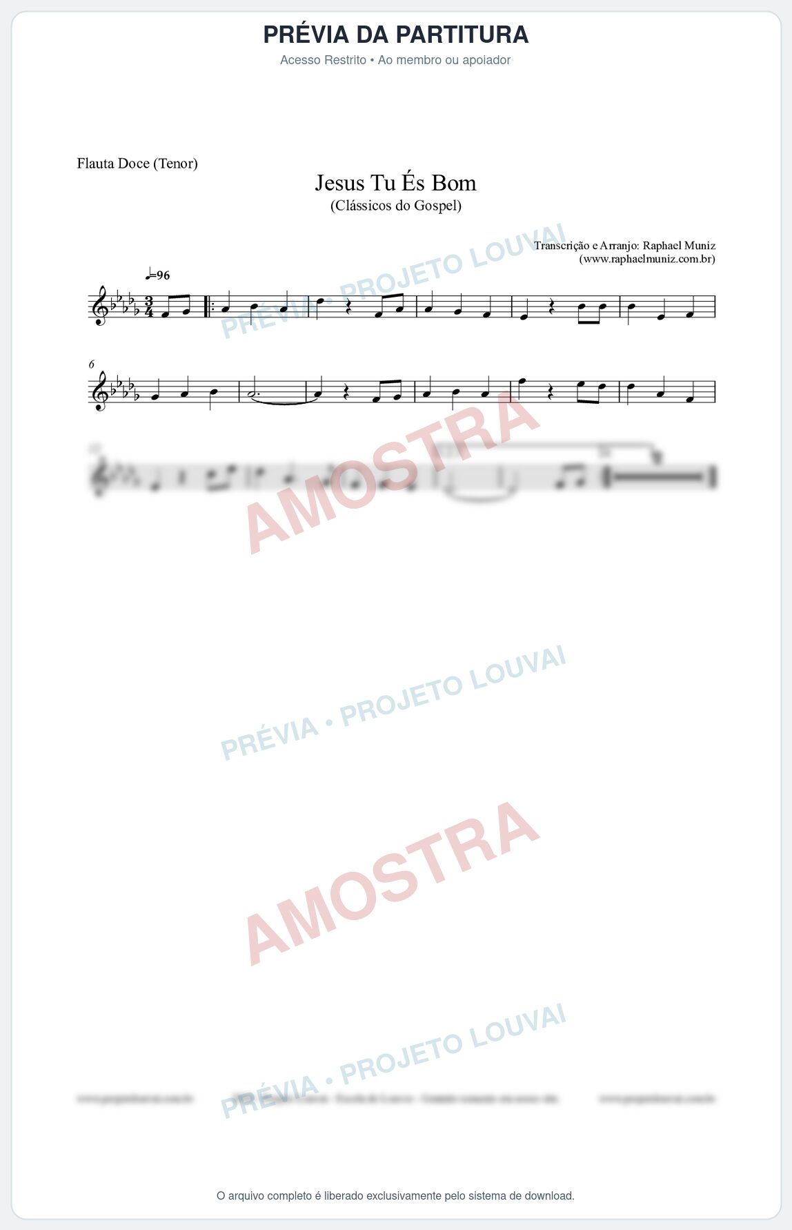 Prévia protegida da primeira página da partitura Partitura para Flauta Doce (Tenor) - Jesus Tu És Bom - Harpa Cristã nº25 - Clássicos do Gospel