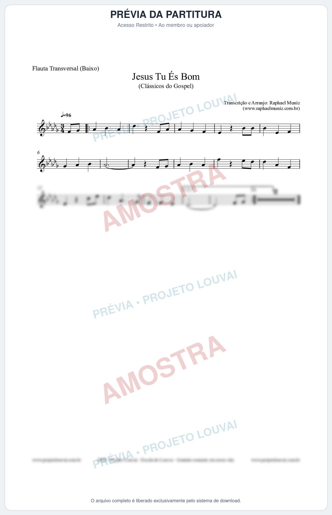 Prévia protegida da primeira página da partitura Partitura para Flauta Transversal (Baixo) - Jesus Tu És Bom - Harpa Cristã nº25 - Clássicos do Gospel