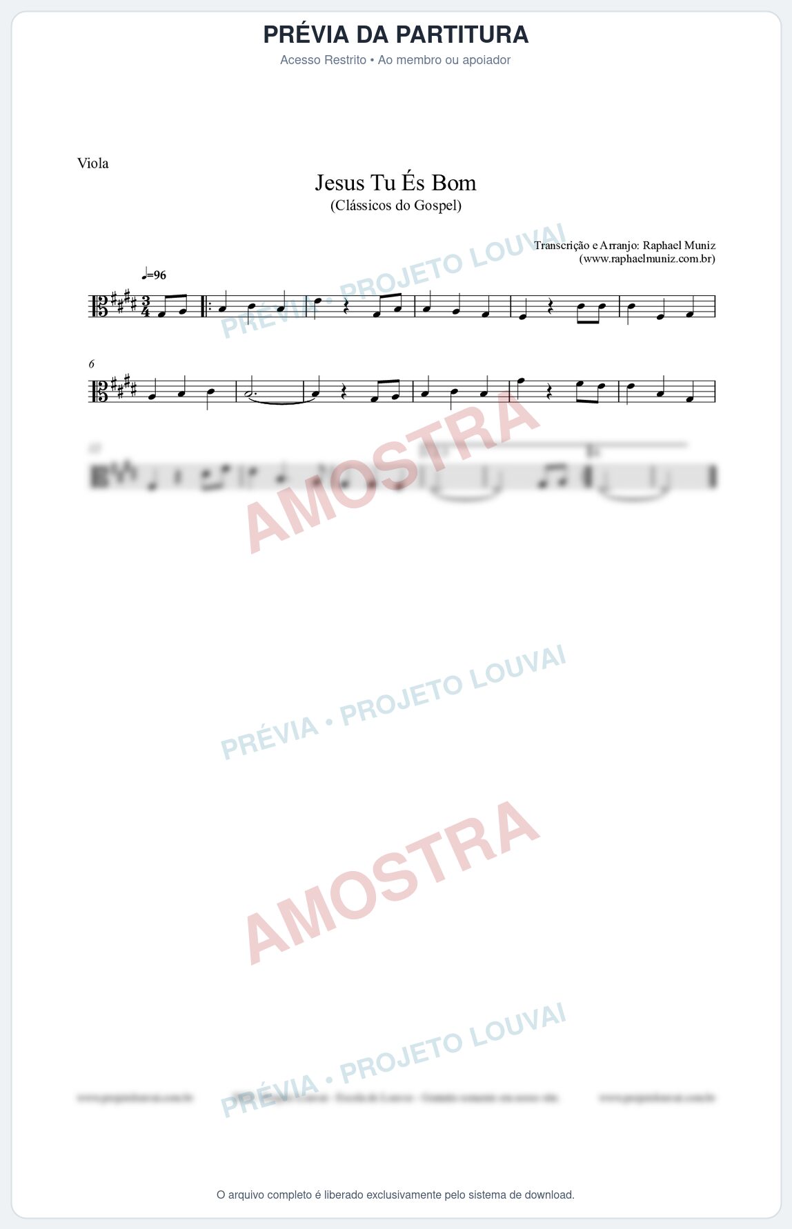 Prévia protegida da primeira página da partitura Partitura para Viola - Jesus Tu És Bom - Harpa Cristã nº25 - Clássicos do Gospel