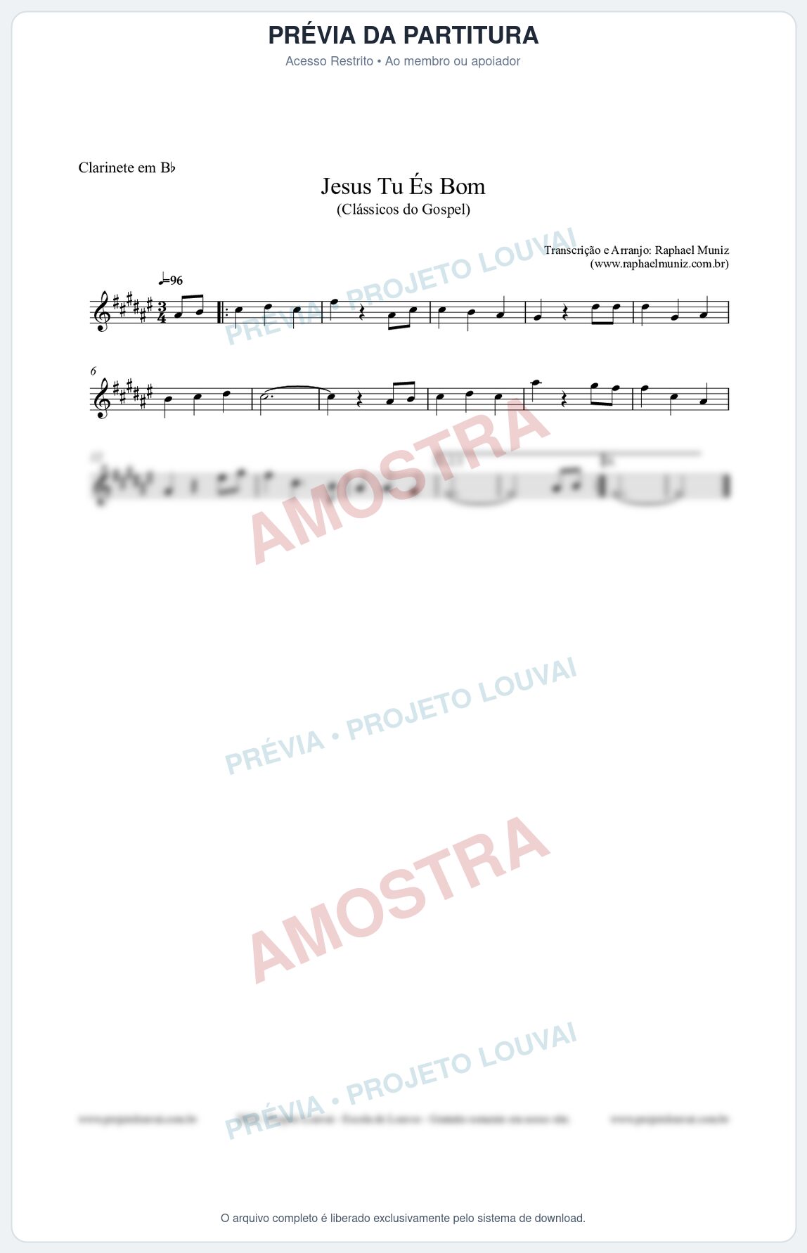 Prévia protegida da primeira página da partitura Partitura para Clarinete em Bb - Jesus Tu És Bom - Harpa Cristã nº25 - Clássicos do Gospel